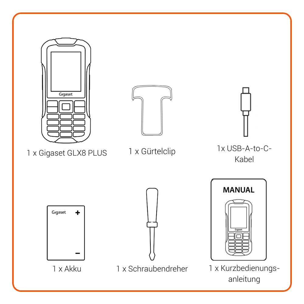 Illustration von Gigaset GLX8 PLUS, Akku, Gürtelclip, USB-Kabel, Schraubendreher und Anleitung.