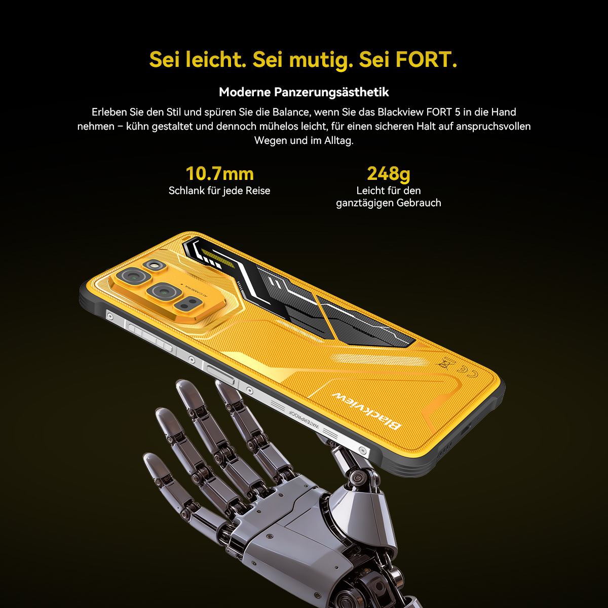 Ein Roboterarm hält ein gelbes Smartphone mit drei Kameras und der Aufschrift 'Blackview'.