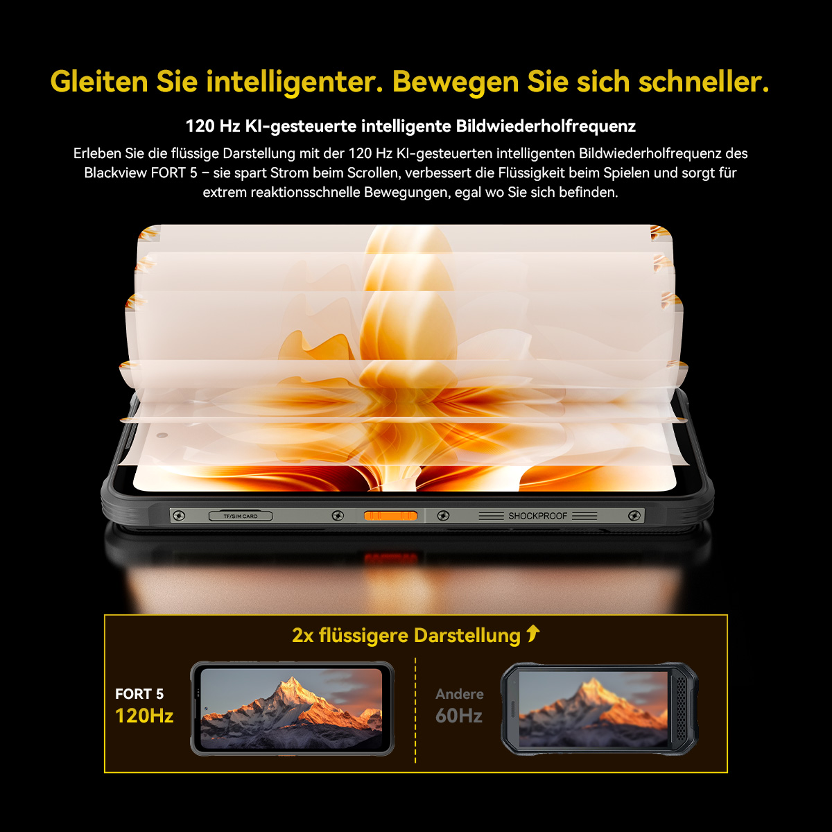 Ein Smartphone mit 120Hz und Berglandschaft wird gezeigt. Es wirbt mit flüssiger Darstellung.