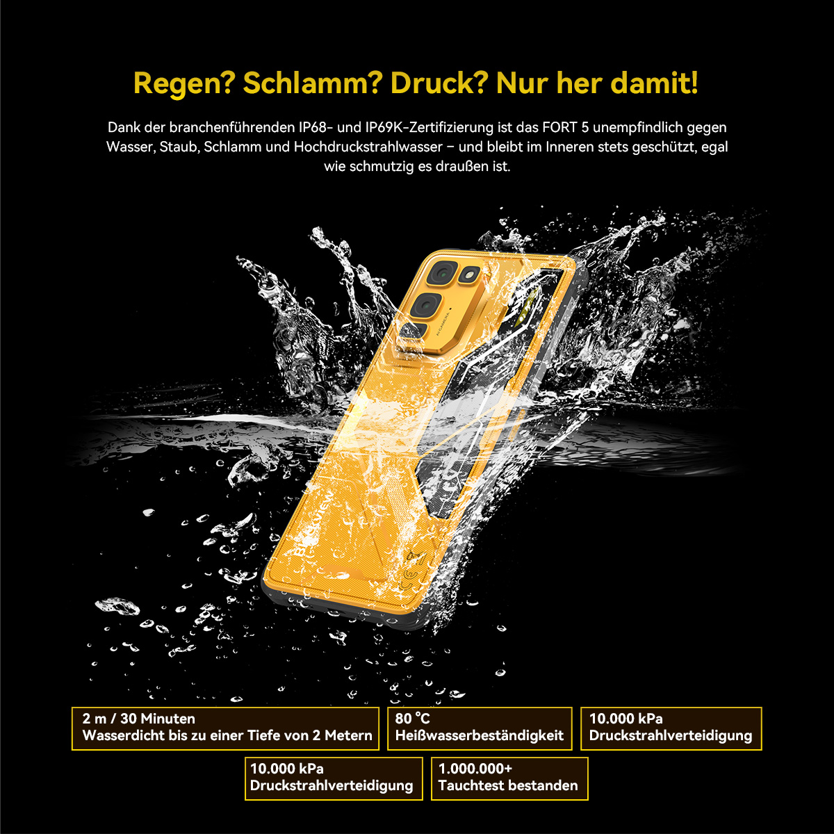 Gelbes Smartphone wird von Wasser umspült, ist wasserdicht und stoßfest.