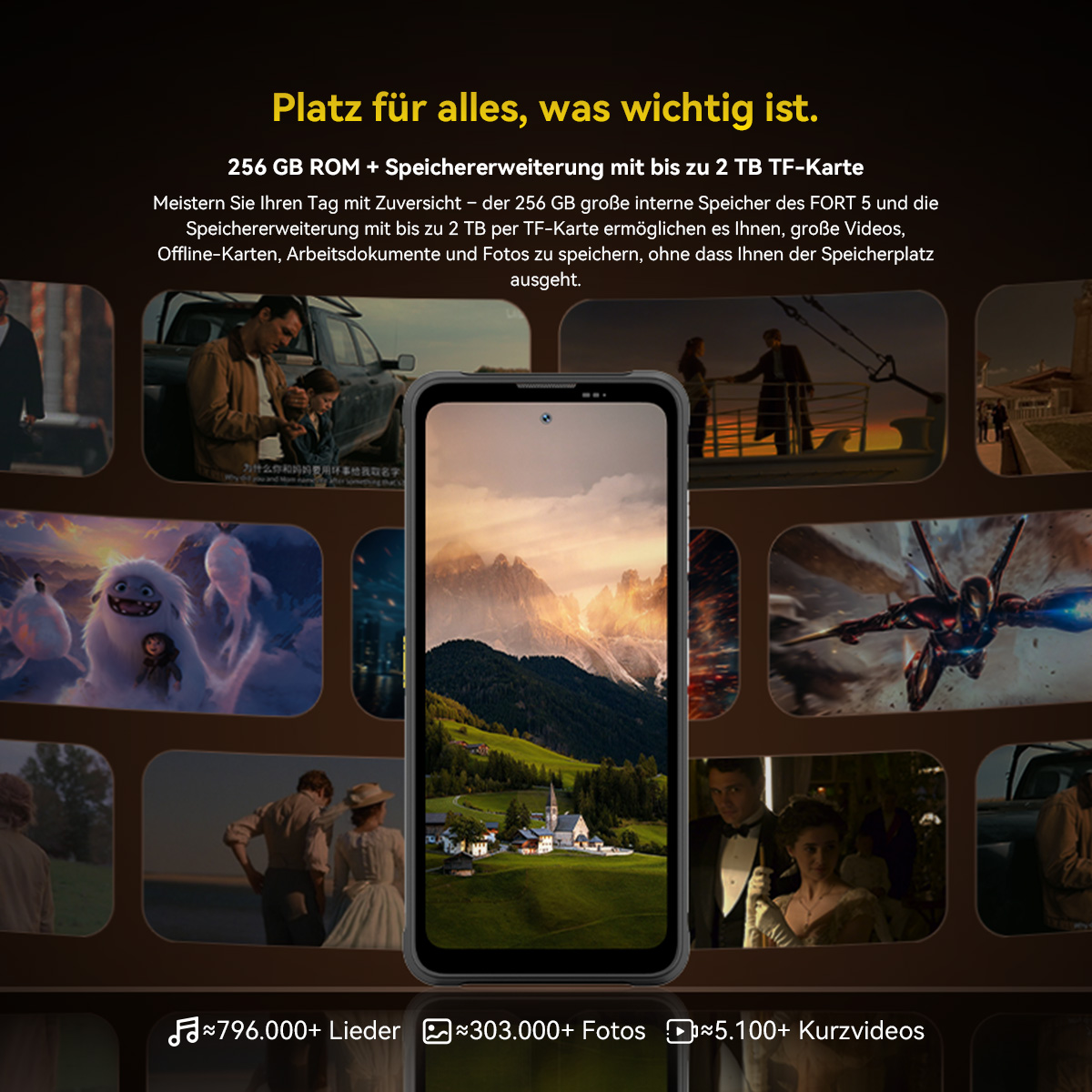 Ein Handy mit vielen Filmbildern und Text, der Speicherplatz bewirbt.