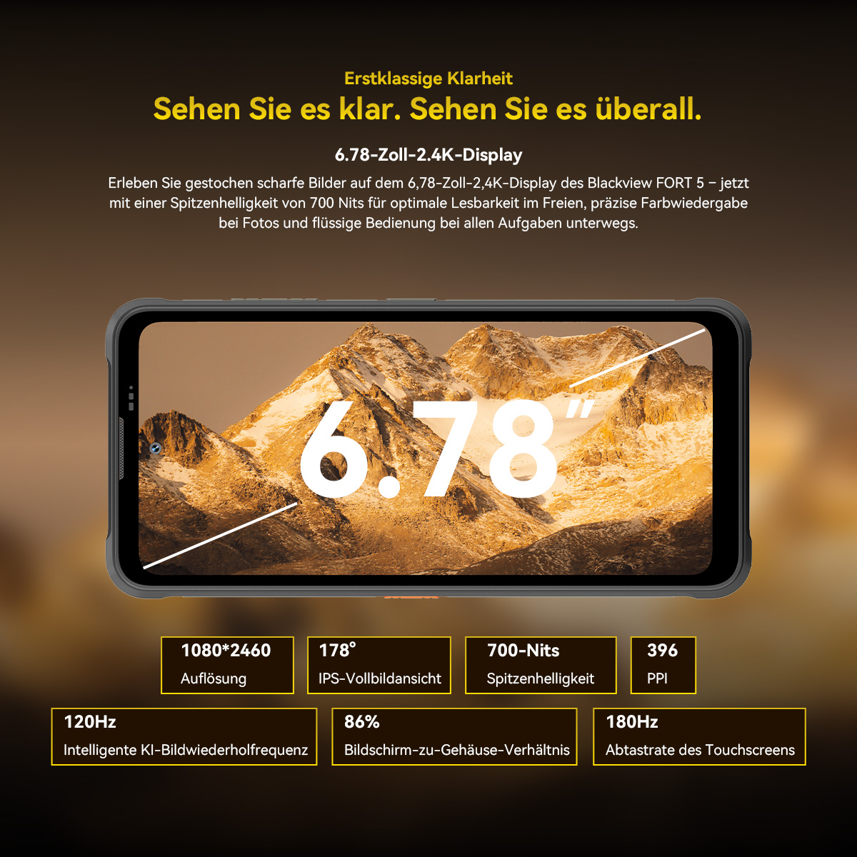 Smartphone-Display mit Berglandschaft und technischen Daten wie 6,78 Zoll, 1080x2460 Auflösung.