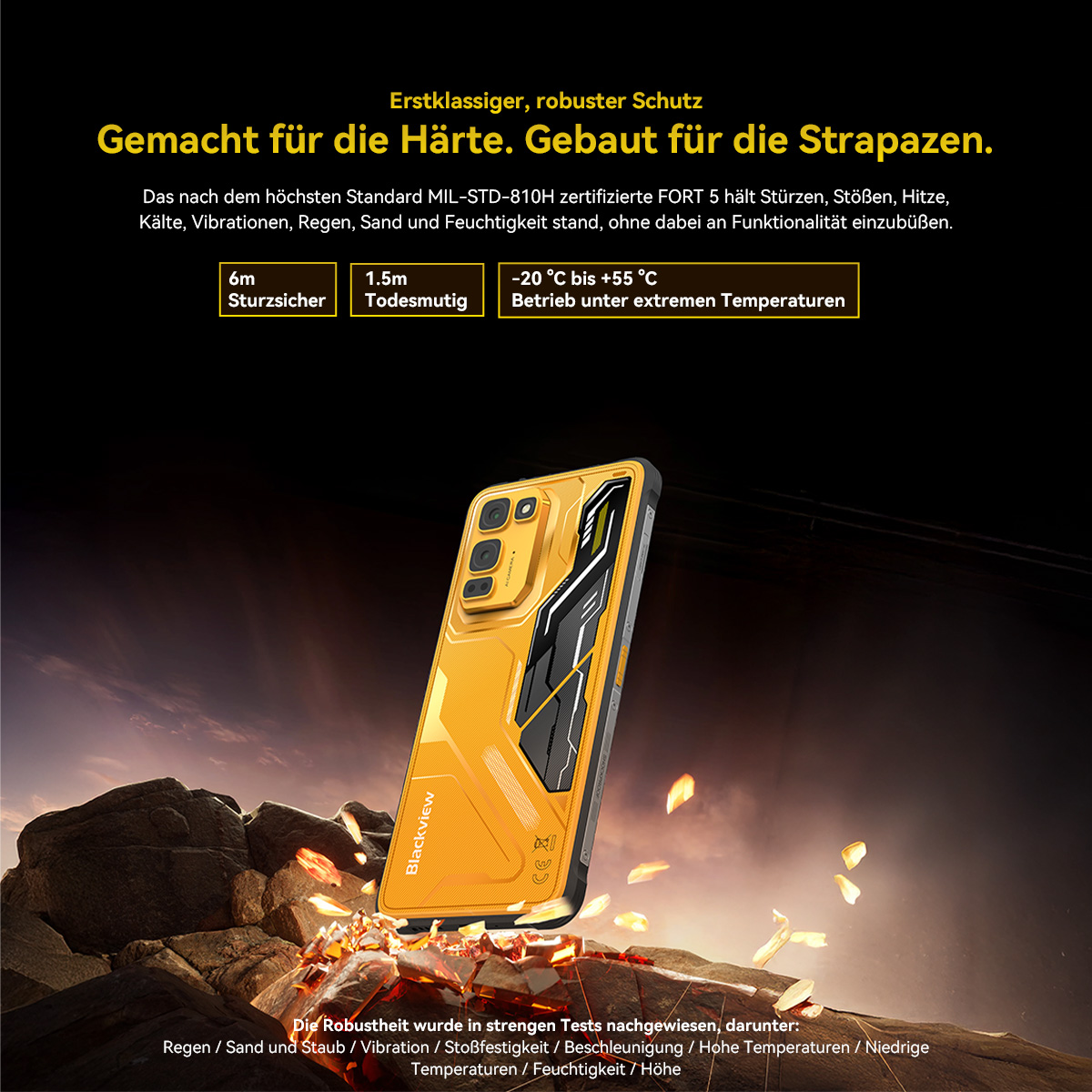 Ein gelbes, robustes Smartphone liegt auf Steinen. Es ist für extreme Bedingungen ausgelegt.