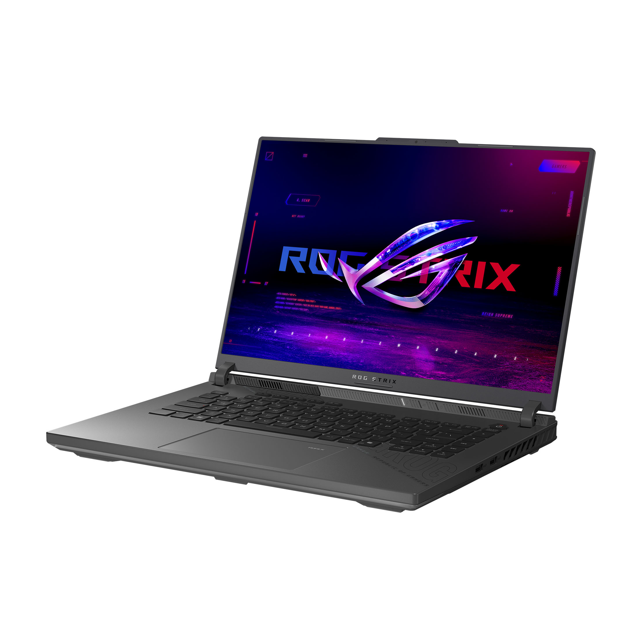 Ein dunkler Laptop mit leuchtendem ROG-Logo auf dem Bildschirm.