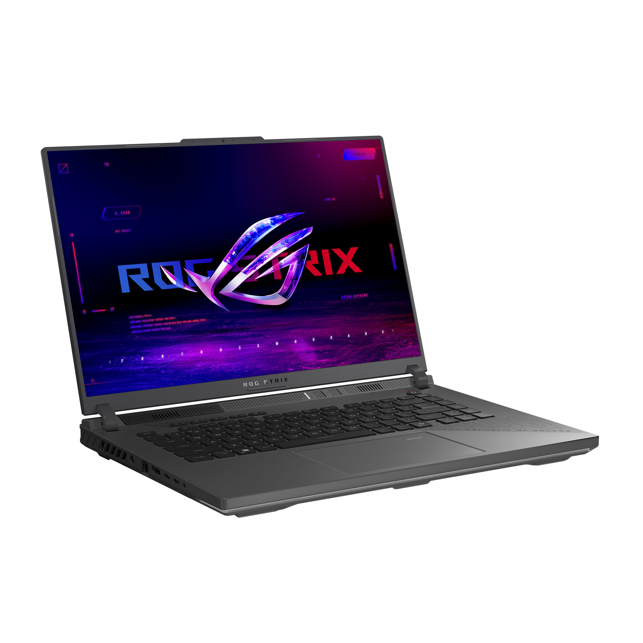 Ein schwarzer Laptop mit leuchtendem ROG-Logo auf dem Bildschirm.