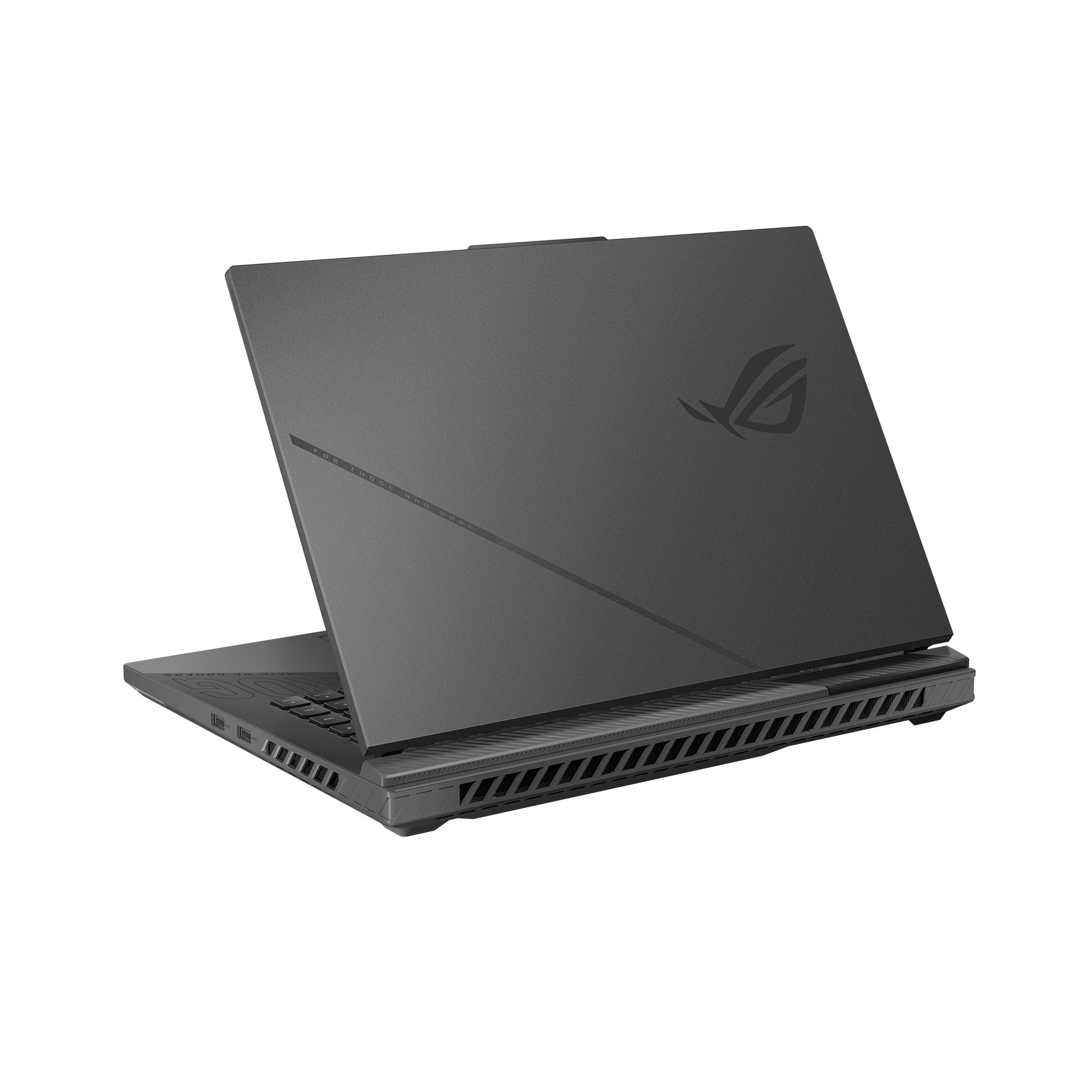Ein geschlossener schwarzer Laptop mit ROG-Logo und Lüftungsschlitzen.