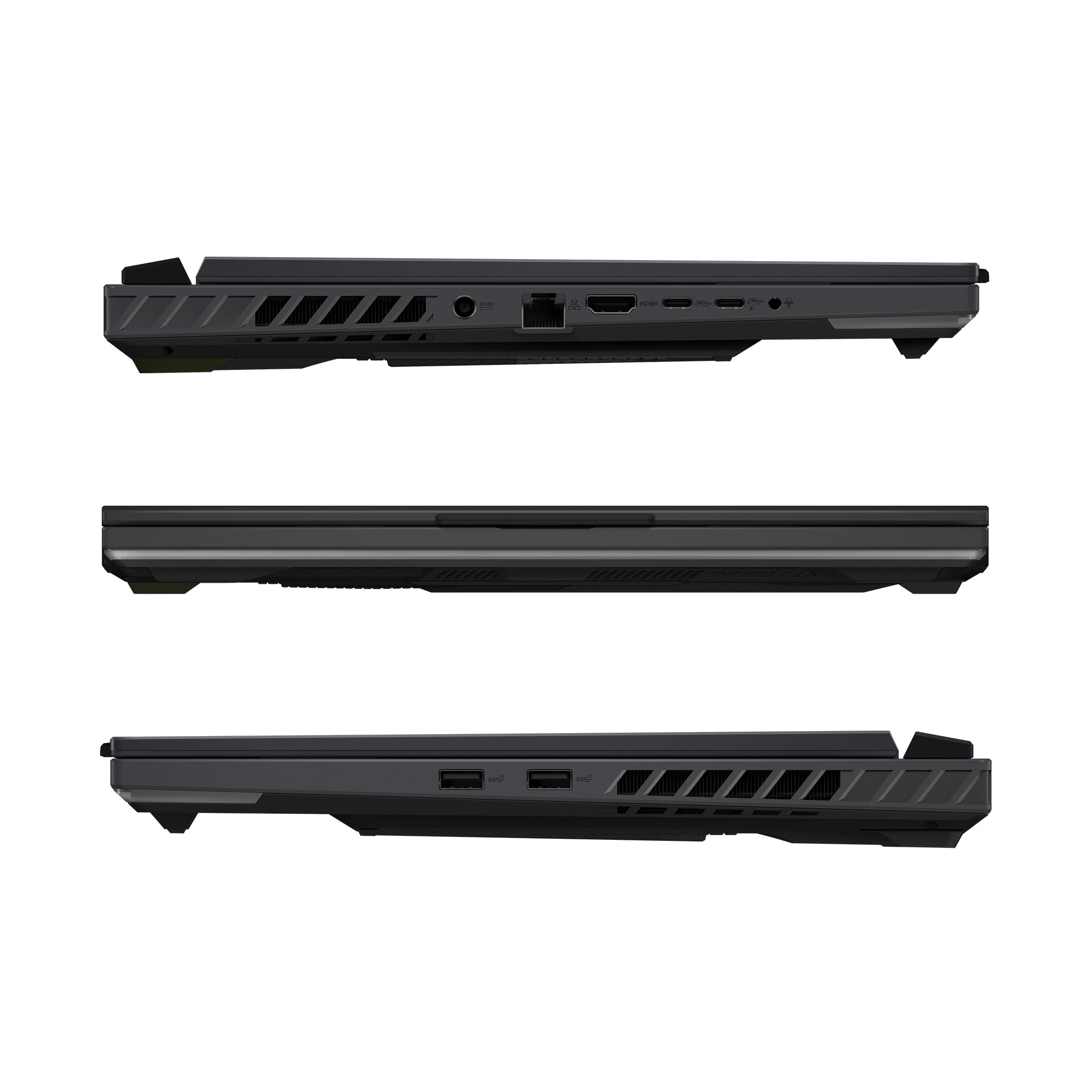 Nahaufnahme eines schwarzen Laptops mit Anschlüssen und Lüftungsschlitzen.