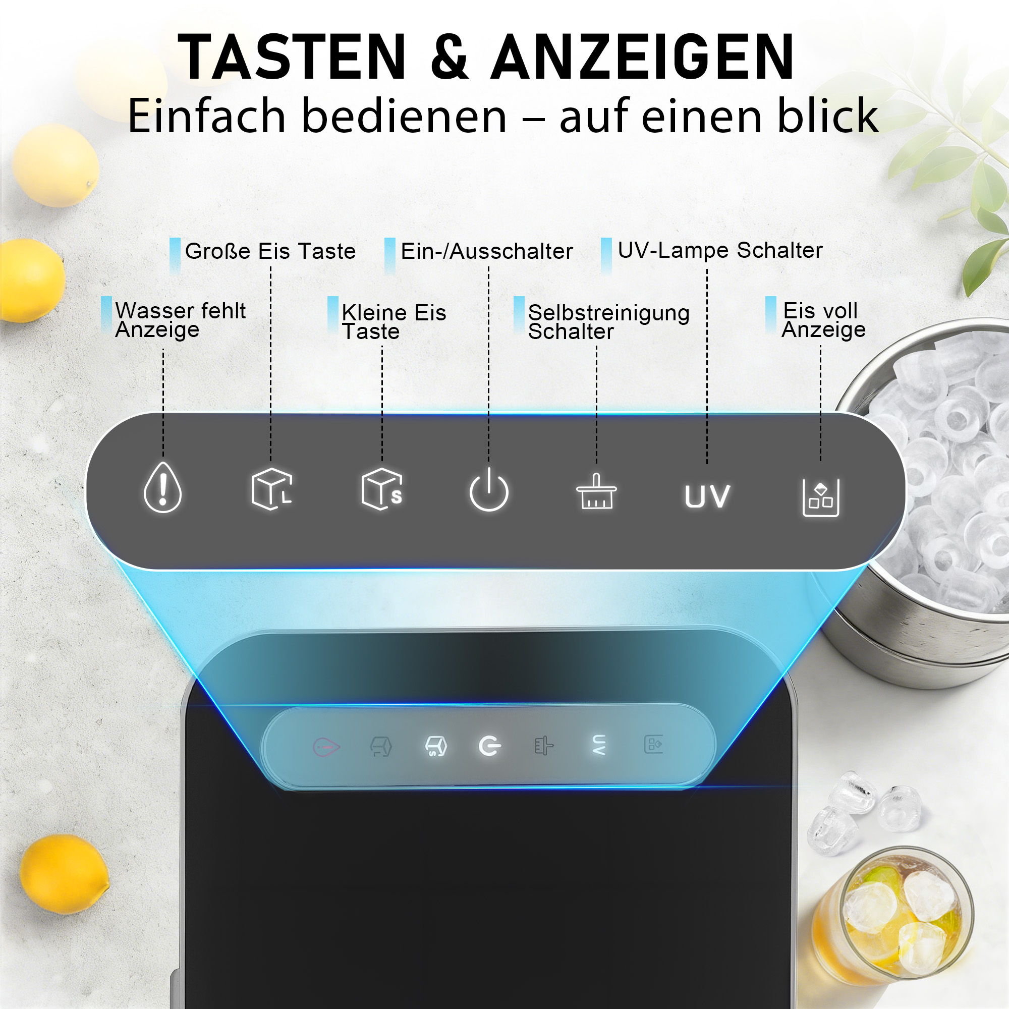 Sterowanie kostkarki do lodu z etykietami: zbiornik na wodę, rozmiar lodu, zasilanie, UV itp.