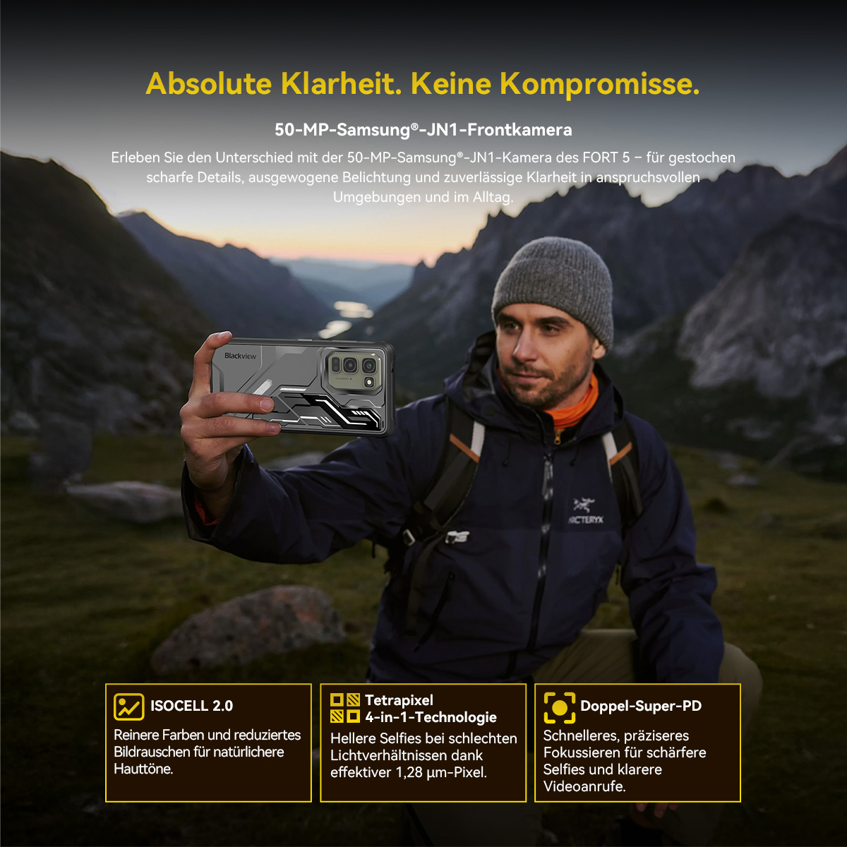 Ein Mann macht ein Selfie in bergiger Landschaft mit einem Blackview Handy.