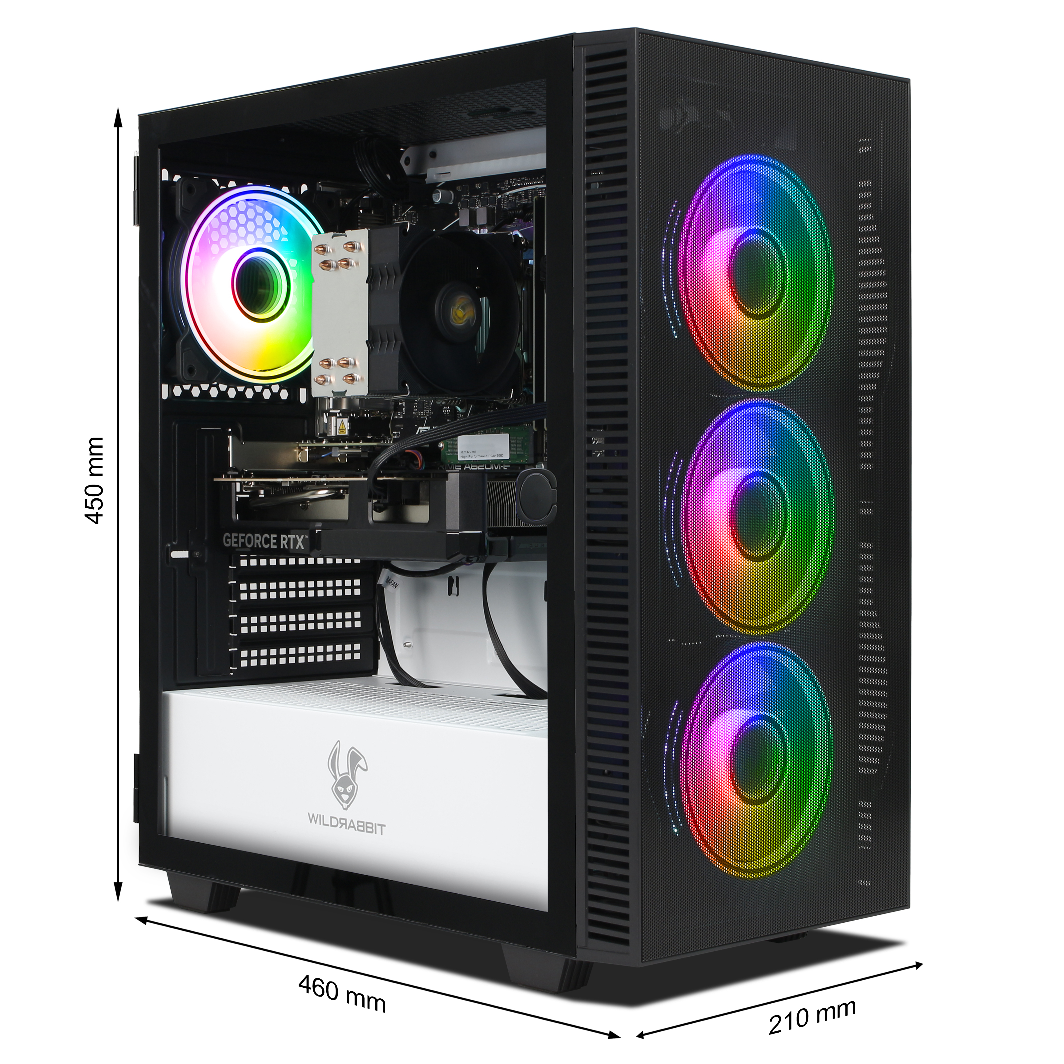 Tower PC nero con ventole RGB, misura 450x460x210 mm.
