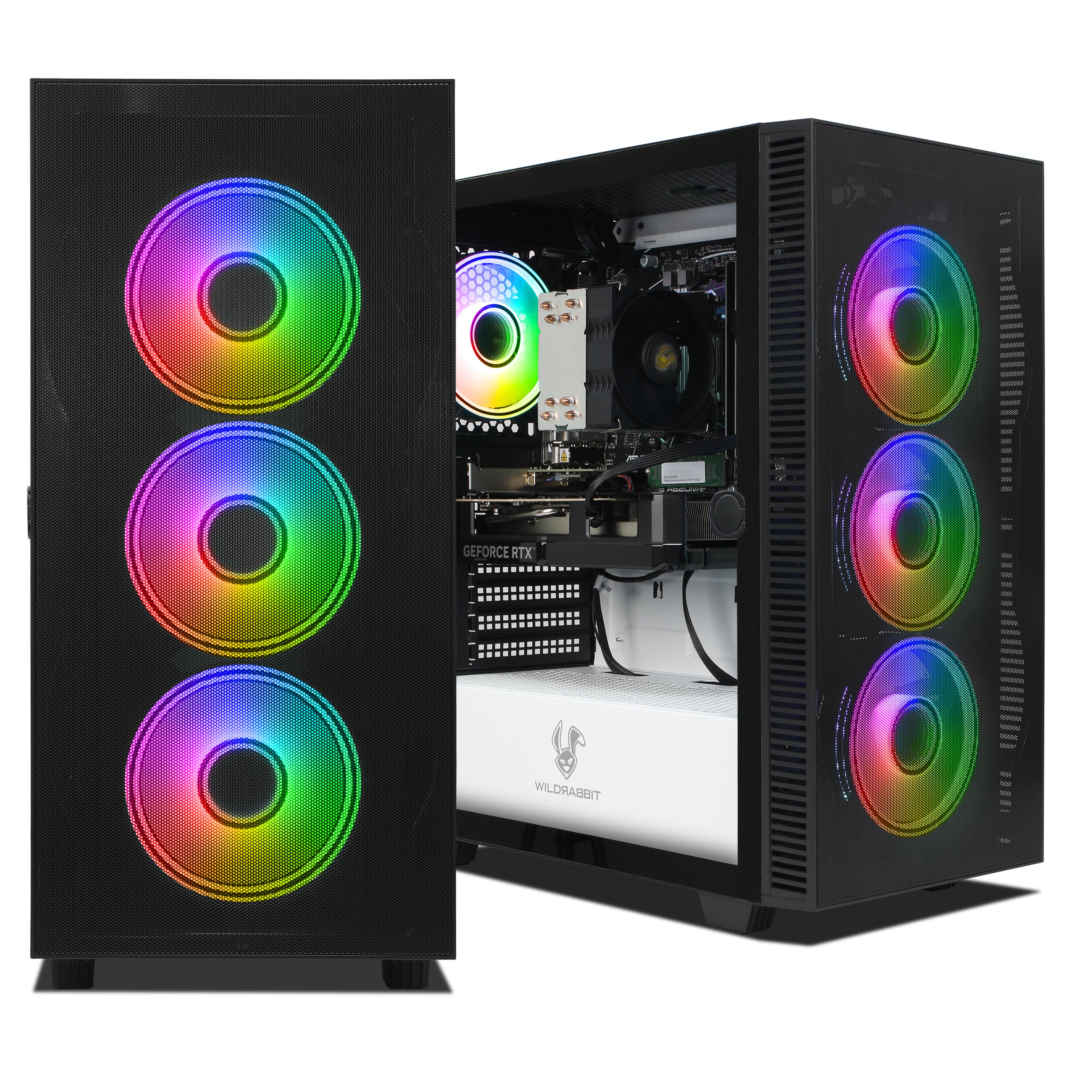 Case PC nero con ventole RGB e componenti interni visibili.