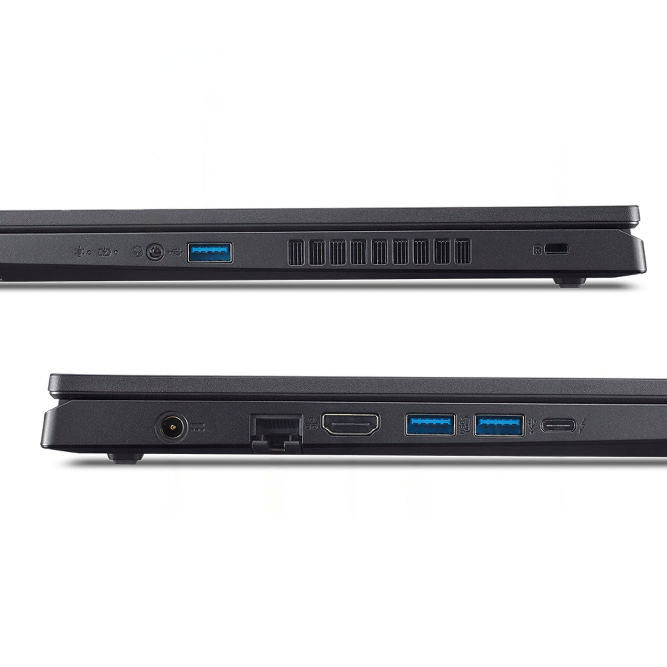 Seitenansicht eines schwarzen Laptops mit Anschlüssen: USB, Lüftungsschlitze, Netzteil, Ethernet, HDMI.