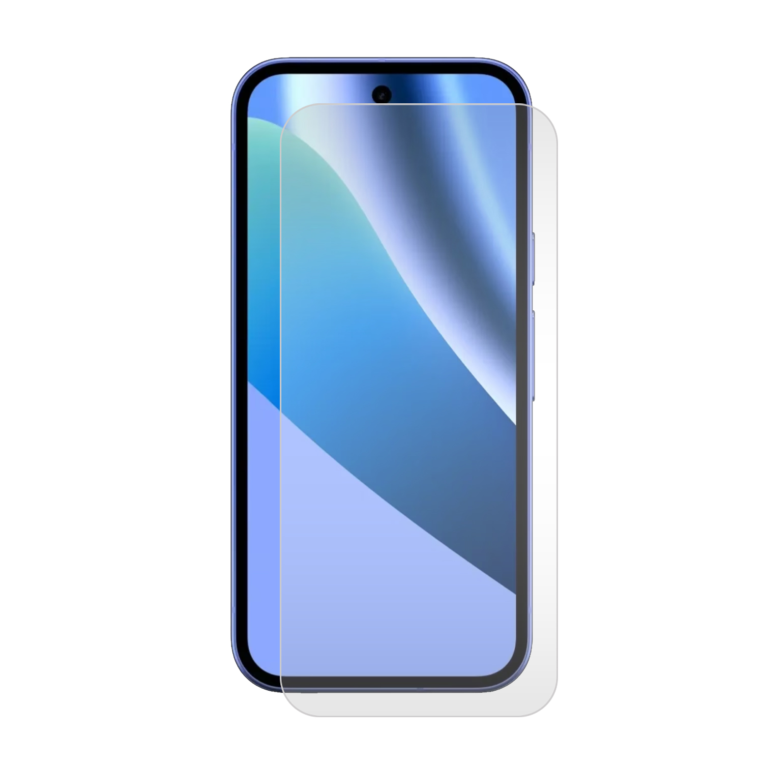 Een blauw smartphone-scherm met een beschermfolie die het gedeeltelijk bedekt.
