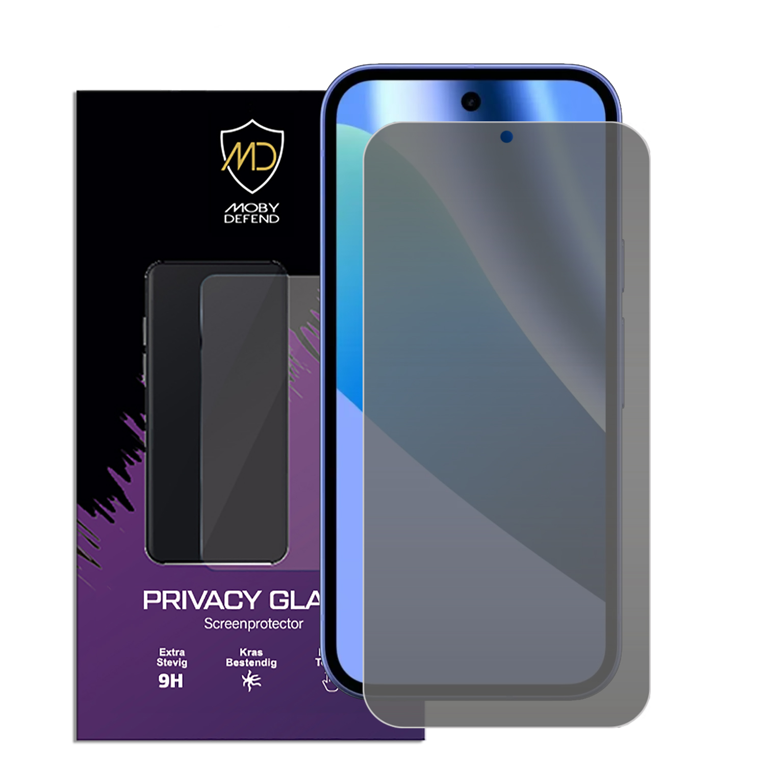 Verpakking met privacy screenprotector en smartphone display.