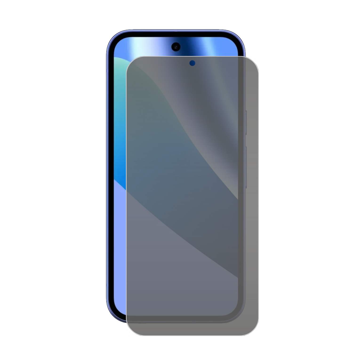Een blauw smartphonescherm met een donkere screenprotector erop.