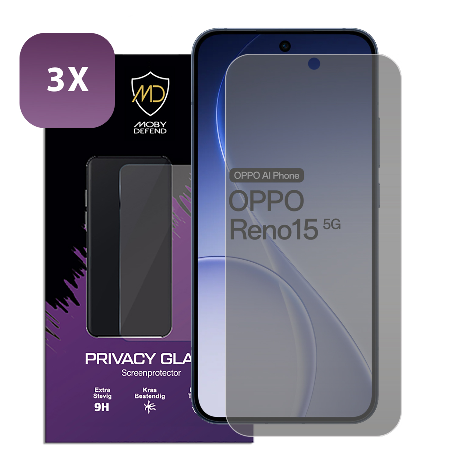 Privacy screenprotector voor OPPO Reno15 5G, 3-pack, 9H hardheid.