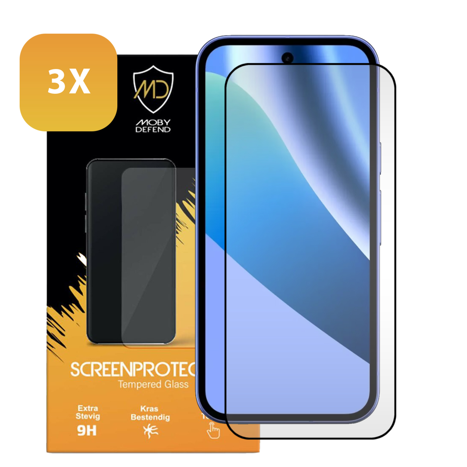 Trois protecteurs d'écran Moby Defend en verre trempé pour un smartphone.