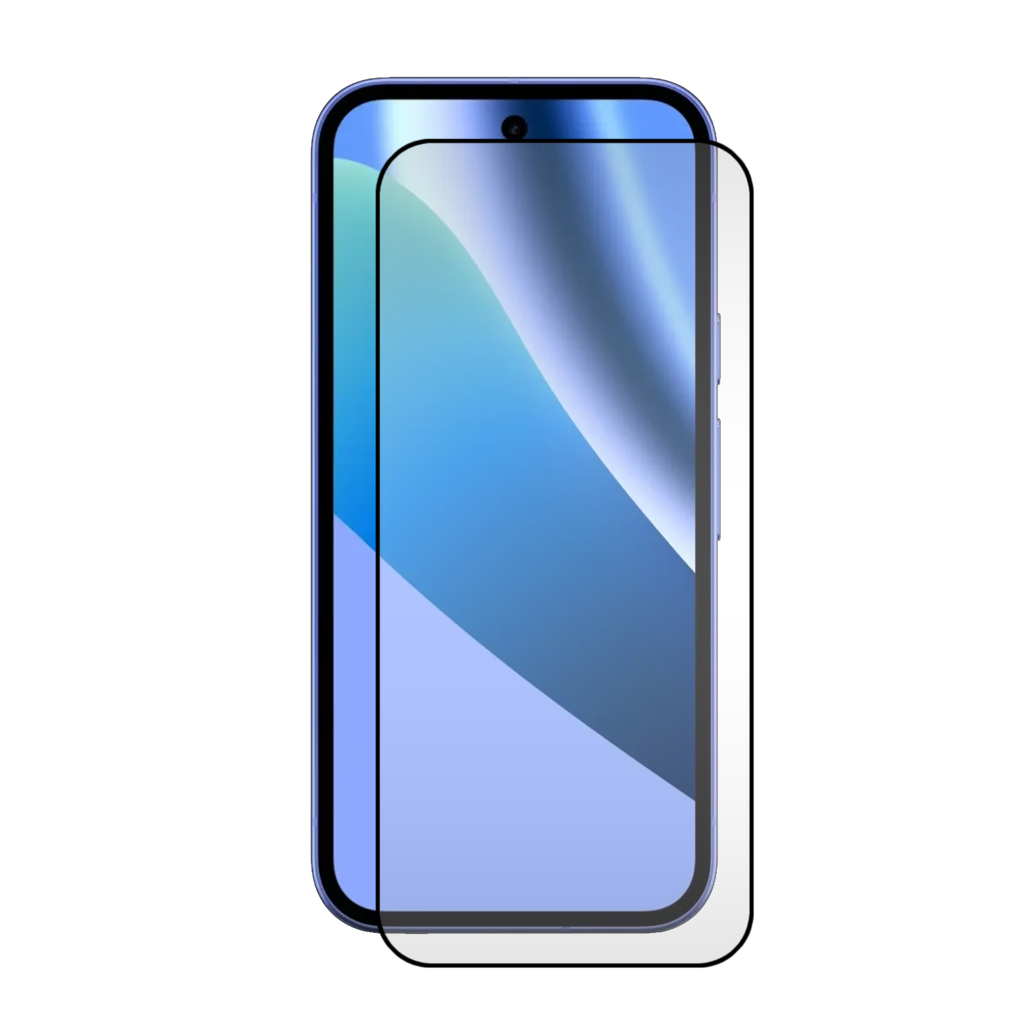 Un smartphone avec un protecteur d'écran en verre devant son écran bleu.