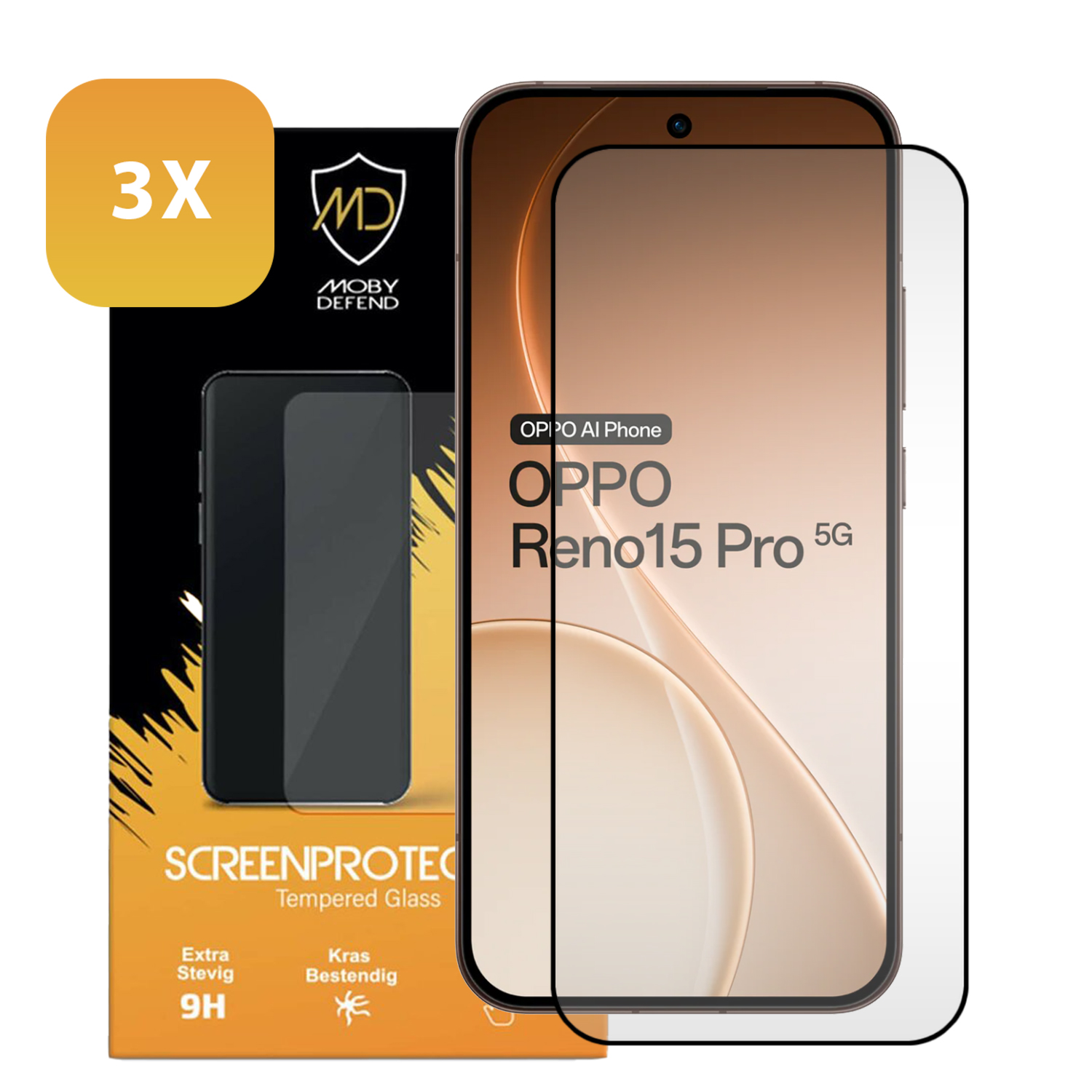 3X Moby Defend screenprotector voor OPPO Reno15 Pro 5G. Gehard glas.