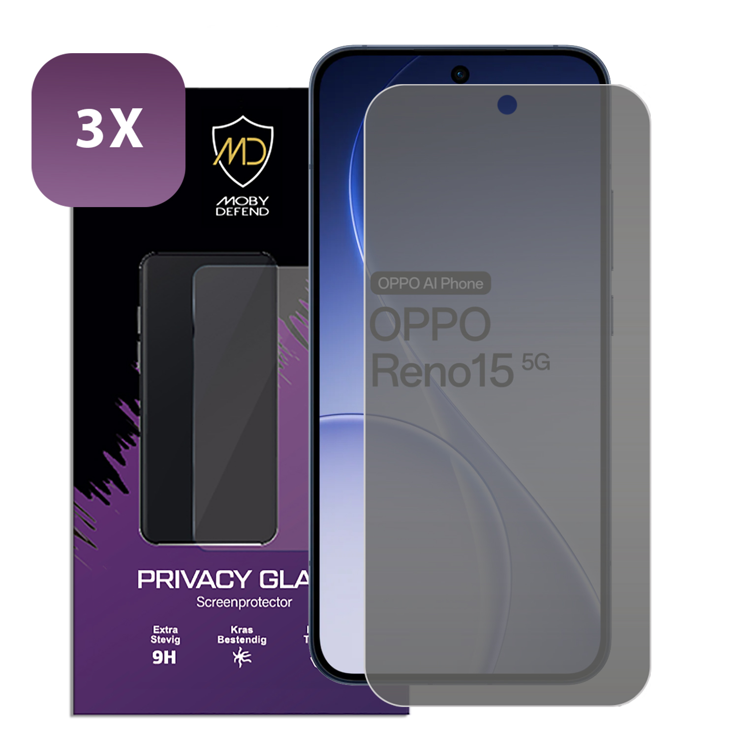 3x Moby Defend privacy screenprotector voor OPPO Reno15 5G telefoon.