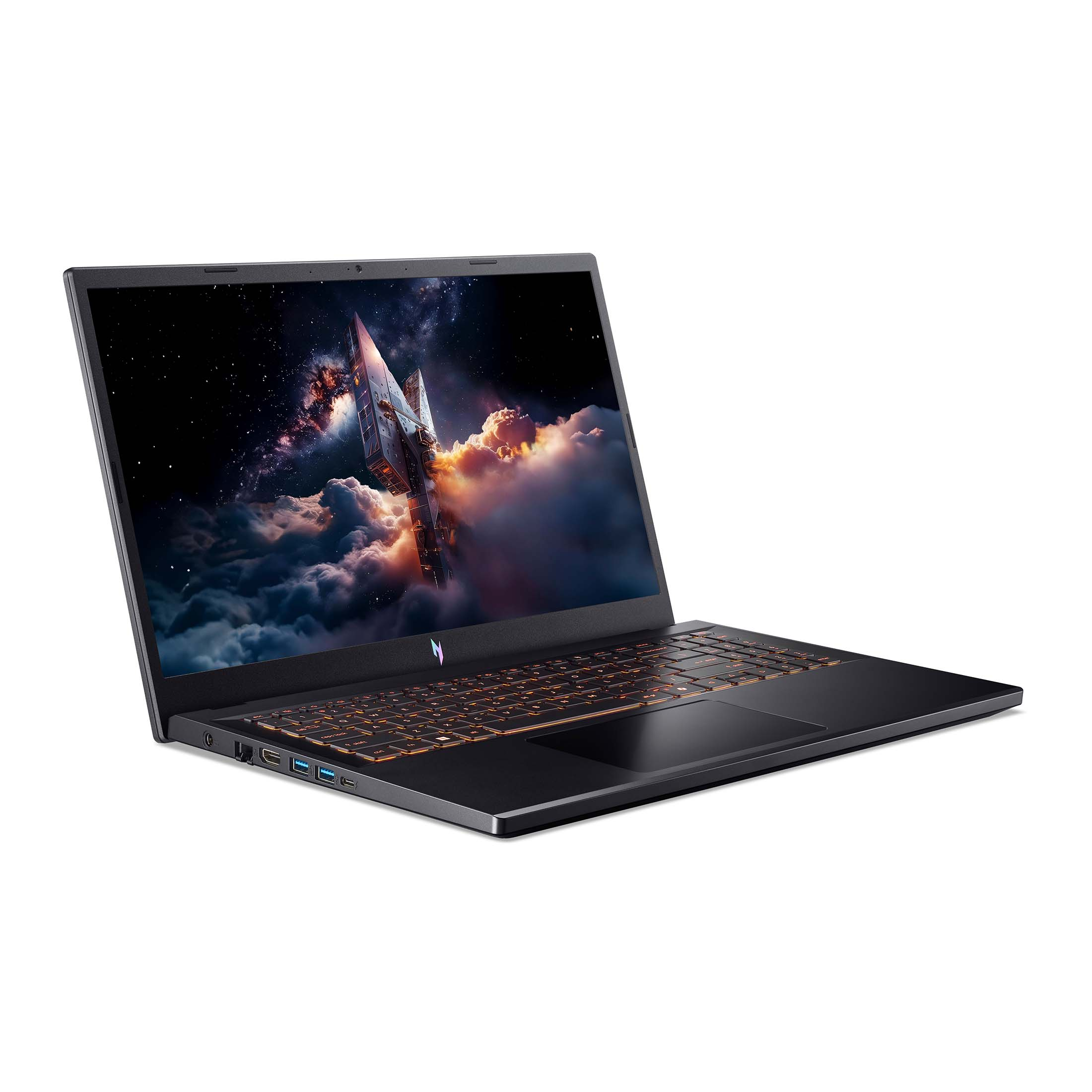 Ein geöffneter Laptop mit Raumschiff-Hintergrund und beleuchteter Tastatur.