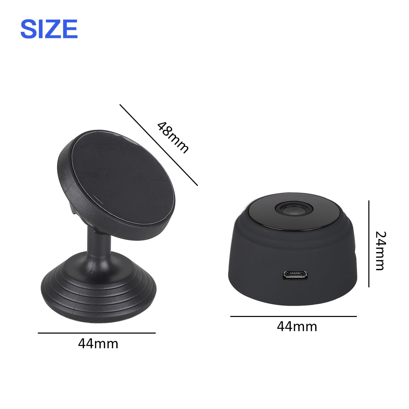 Ein schwarzer Magnetfuß (48 mm) und eine schwarze Kamera (24 mm) mit USB-Anschluss.