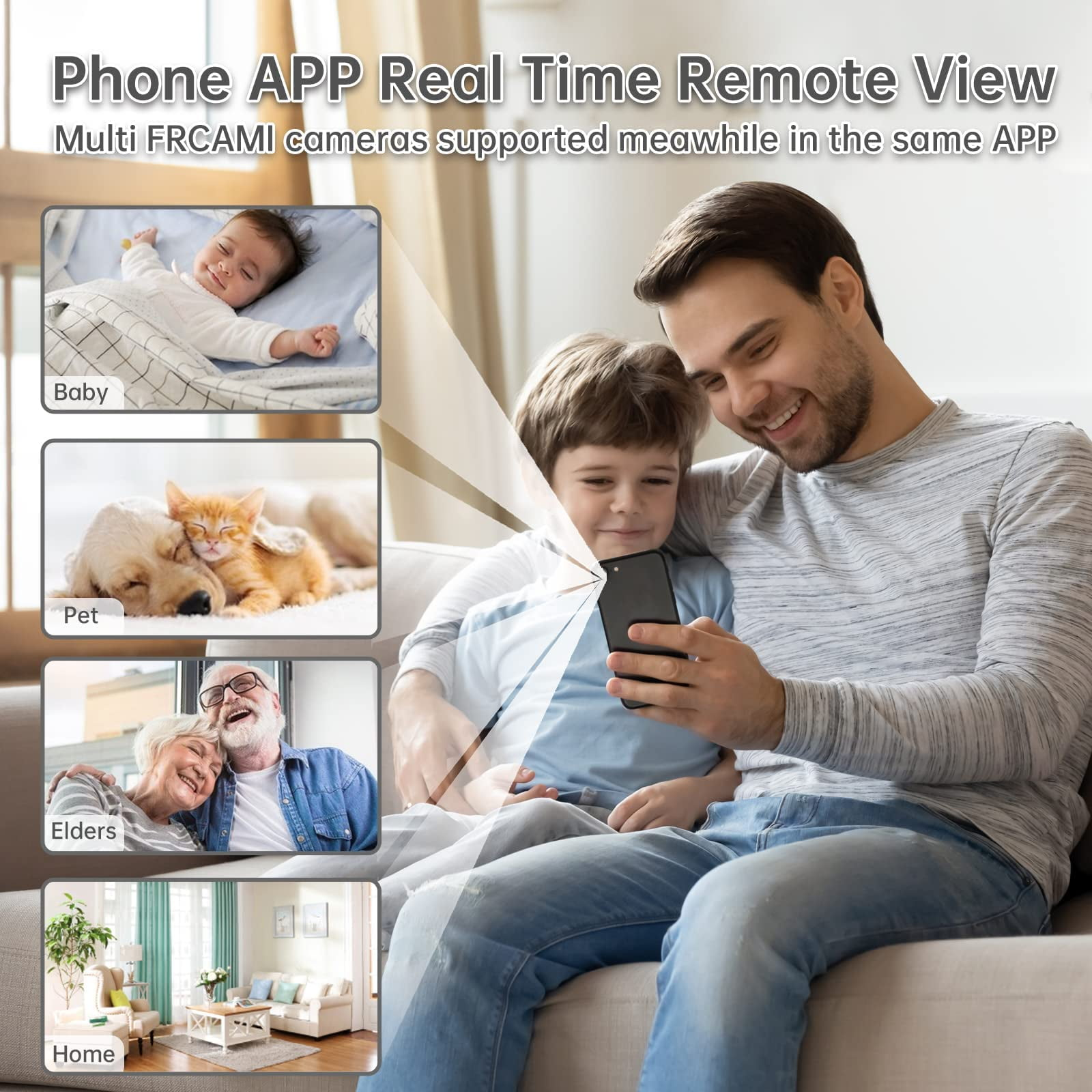 Mann & Kind sehen Baby, Haustier, Ältere, Zuhause auf Handy. App unterstützt mehrere Kameras.