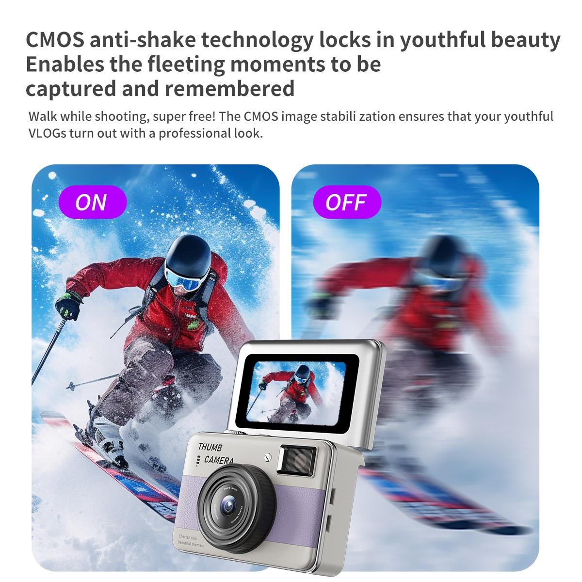 Skifahrer mit "ON" und "OFF"-Stabilisierung, daneben eine Kamera.
