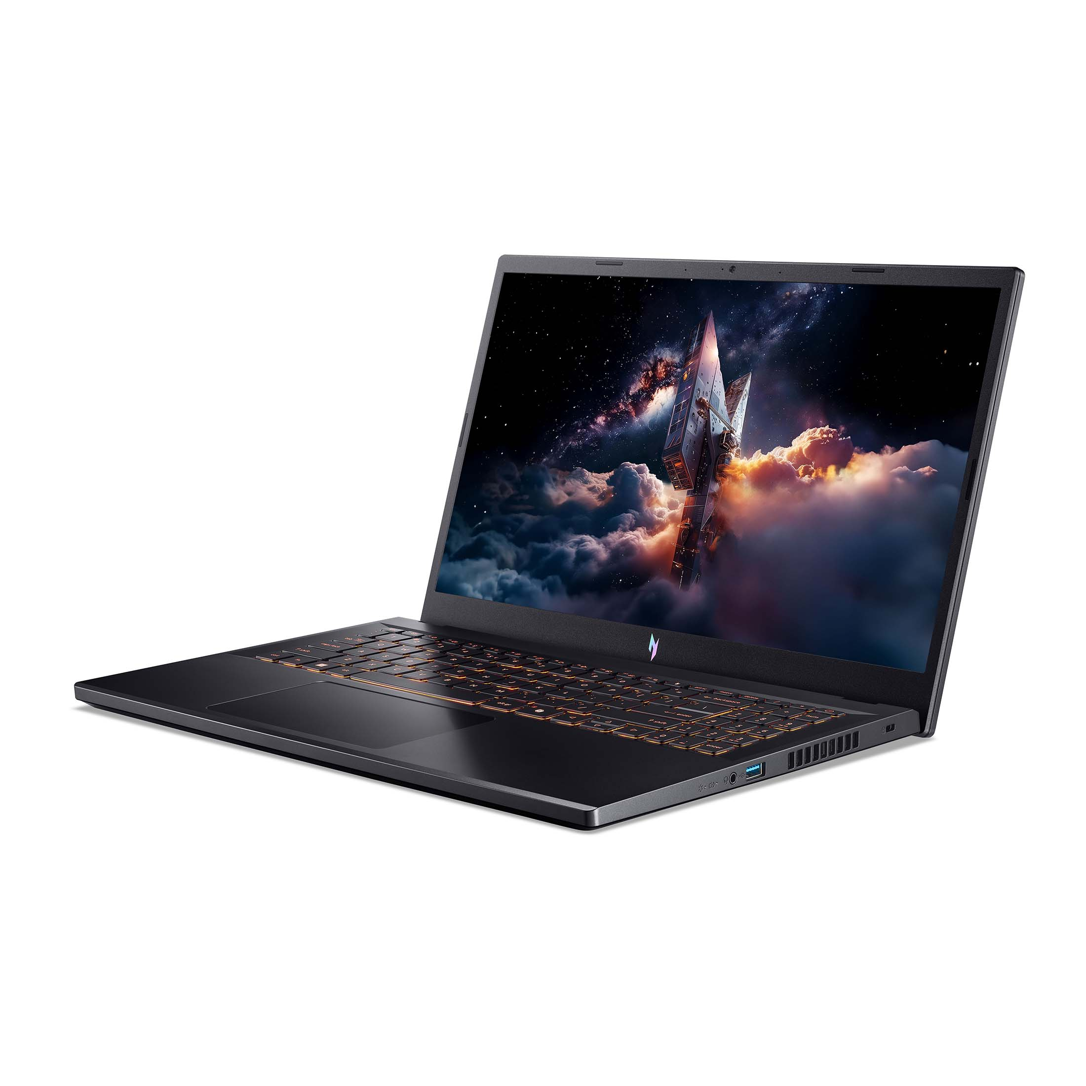 Schwarzer Laptop mit beleuchteter Tastatur und Weltraum-Hintergrundbild.