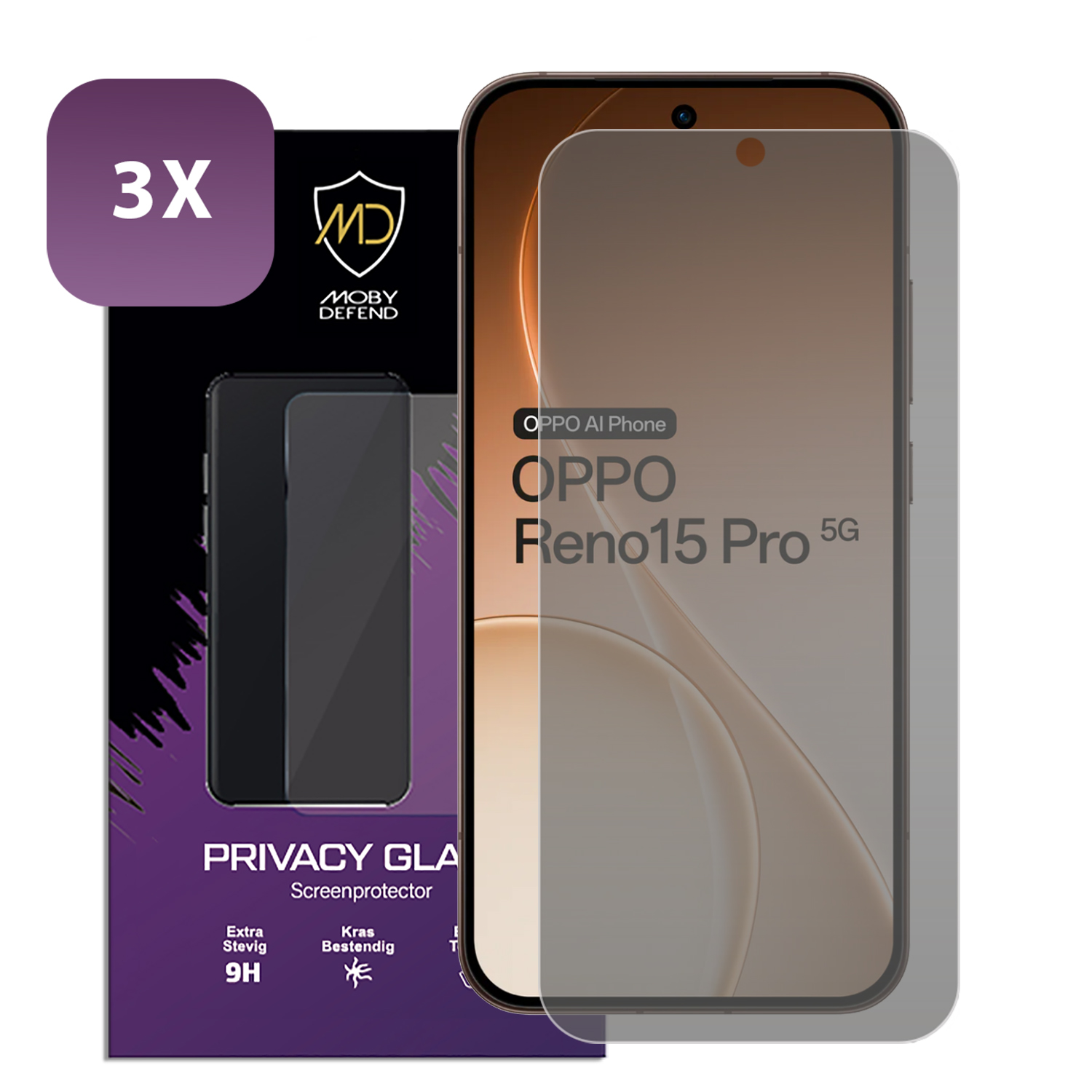 Privacy screenprotector voor OPPO Reno15 Pro 5G, 3X verpakking