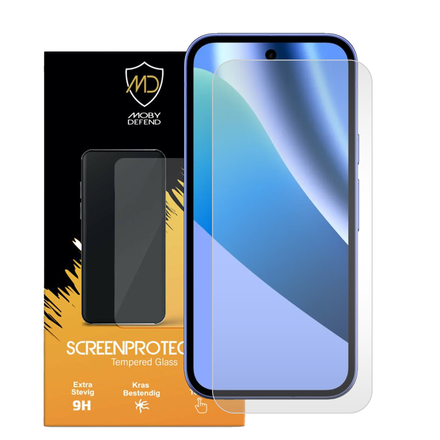 Emballage de protecteur d'écran en verre trempé Moby Defend à côté d'un smartphone avec protecteur.