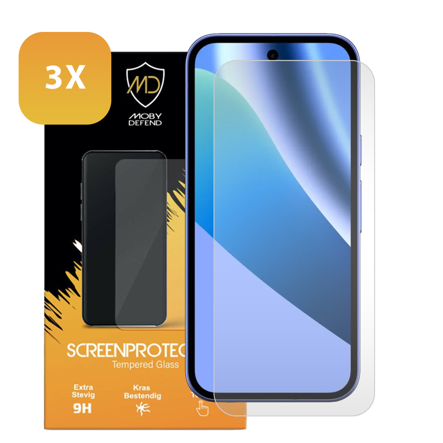 3x Moby Defend screenprotector voor smartphones, gehard glas.