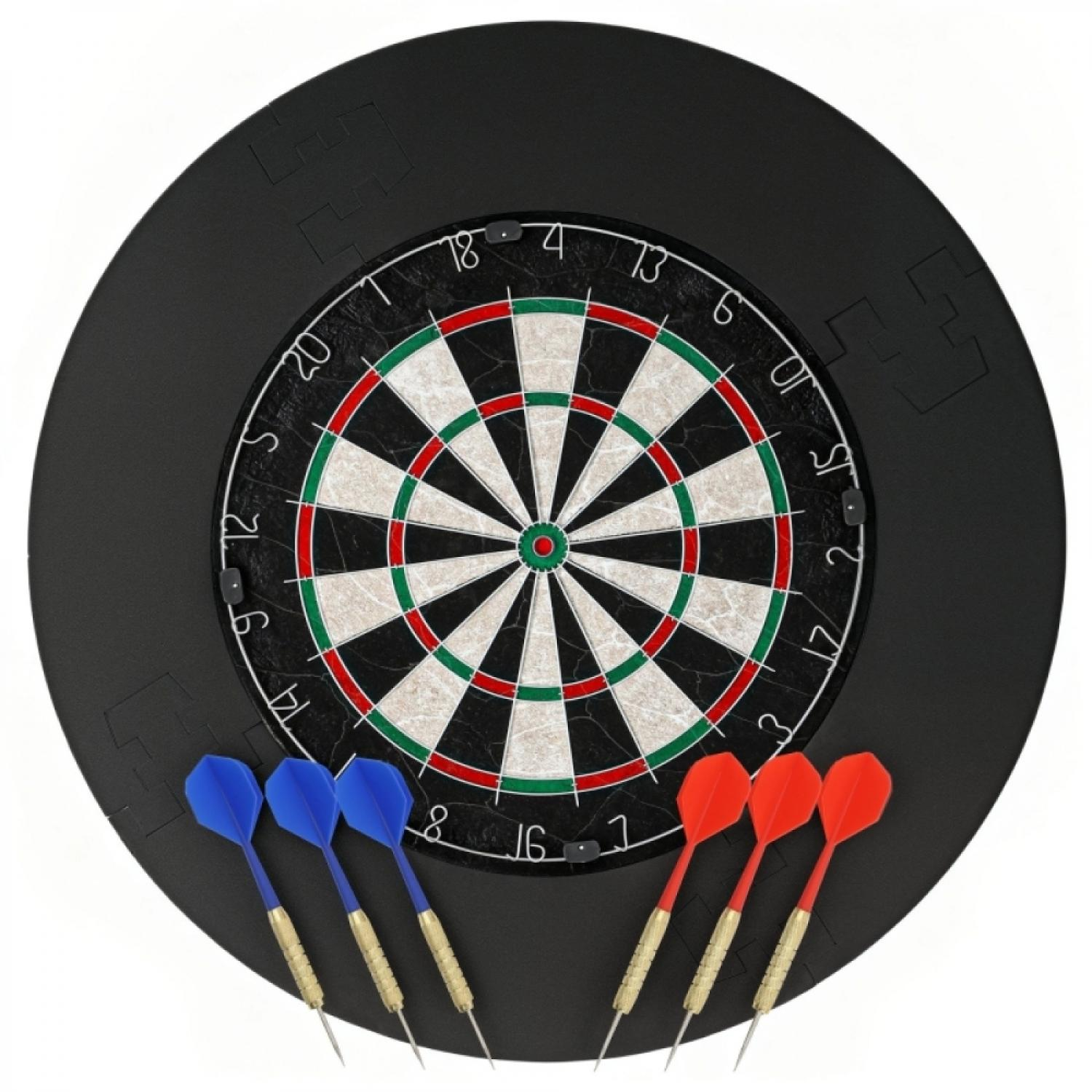 Ein Dartboard mit roten und blauen Darts auf schwarzem Hintergrund.