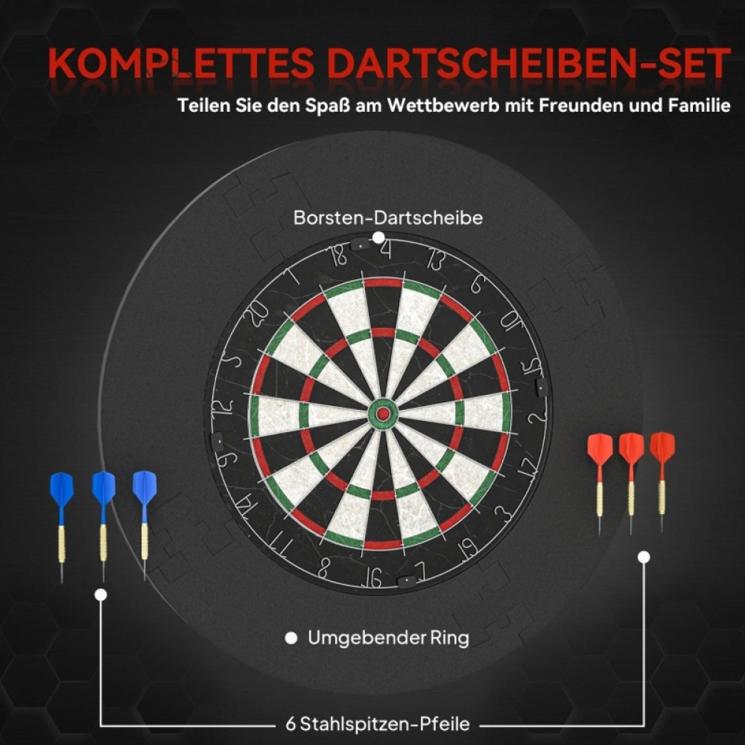 Ein Dartscheiben-Set mit drei blauen und drei roten Darts.