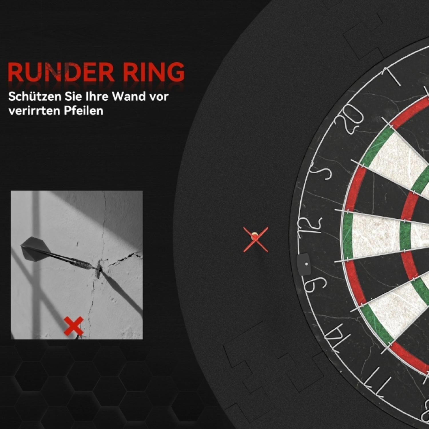 Dartscheibe mit roten und grünen Segmenten, daneben ein Dartpfeil und ein Bild einer Wand.