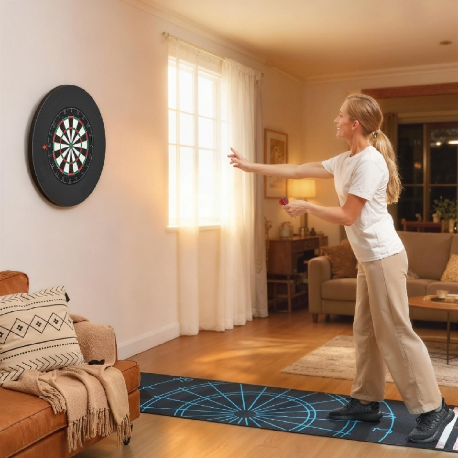 Frau wirft Pfeile auf eine Dartscheibe in einem Wohnzimmer.