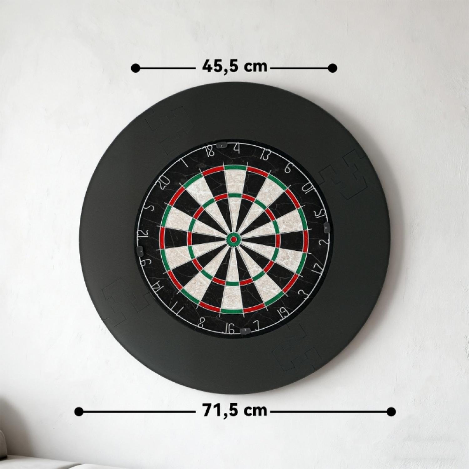 Dartscheibe mit schwarzen Rand und Messungen von 45,5 und 71,5 cm.