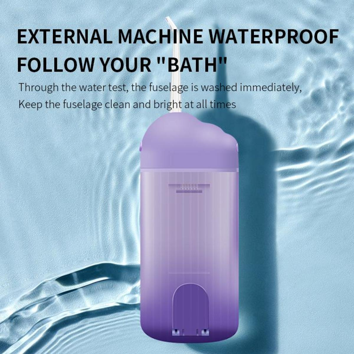 Lila Wasserdusche auf blauem Hintergrund mit Wasserwellen. Text oben.