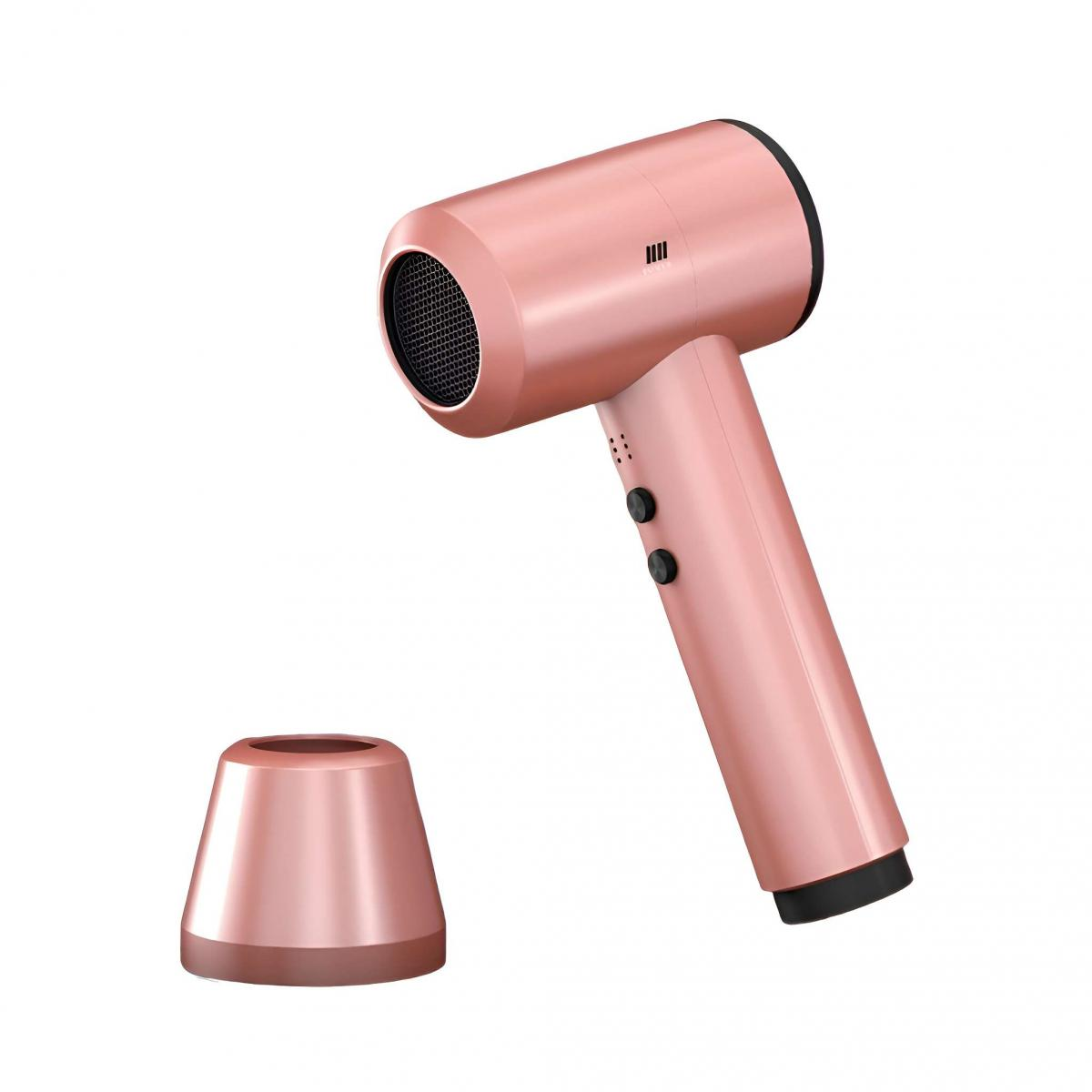 Ein roségoldener Haartrockner mit einem separaten Aufsatz auf weißem Hintergrund.