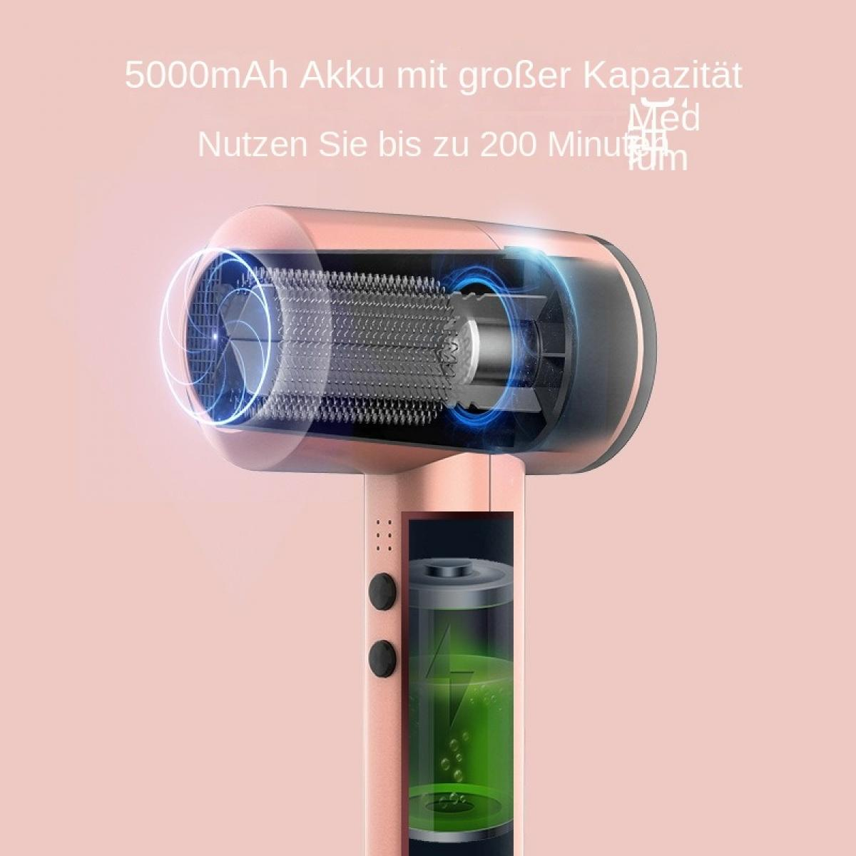Ein roségoldener Haartrockner mit sichtbarem Akku und Motor.