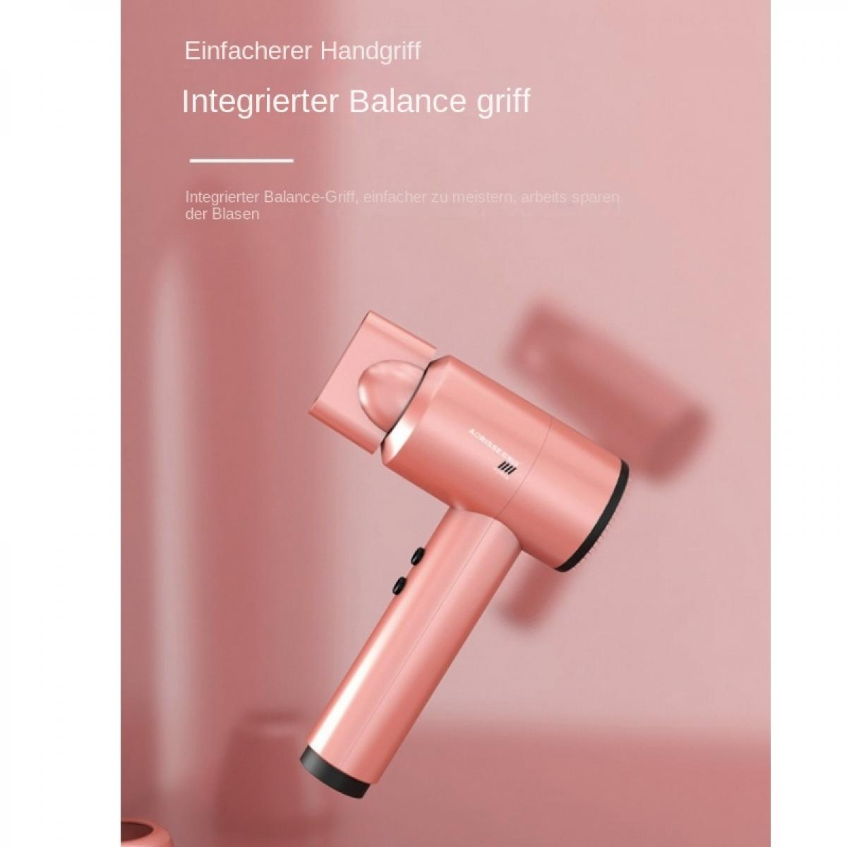 Ein rosafarbener Haartrockner mit integriertem Balancegriff auf rosa Hintergrund.