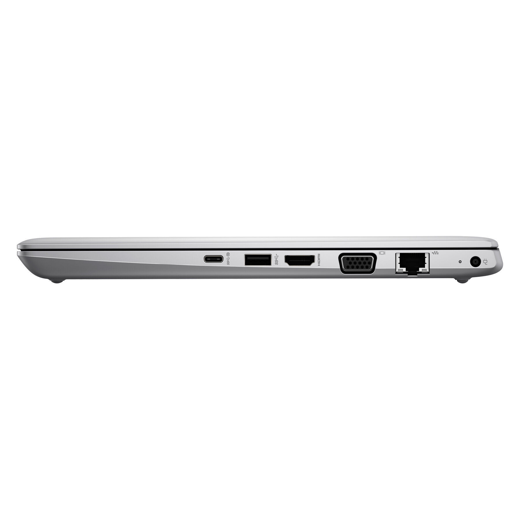 Seitenansicht eines silbernen Laptops mit Anschlüssen: USB-C, USB-A, HDMI, VGA, Ethernet und Audio.
