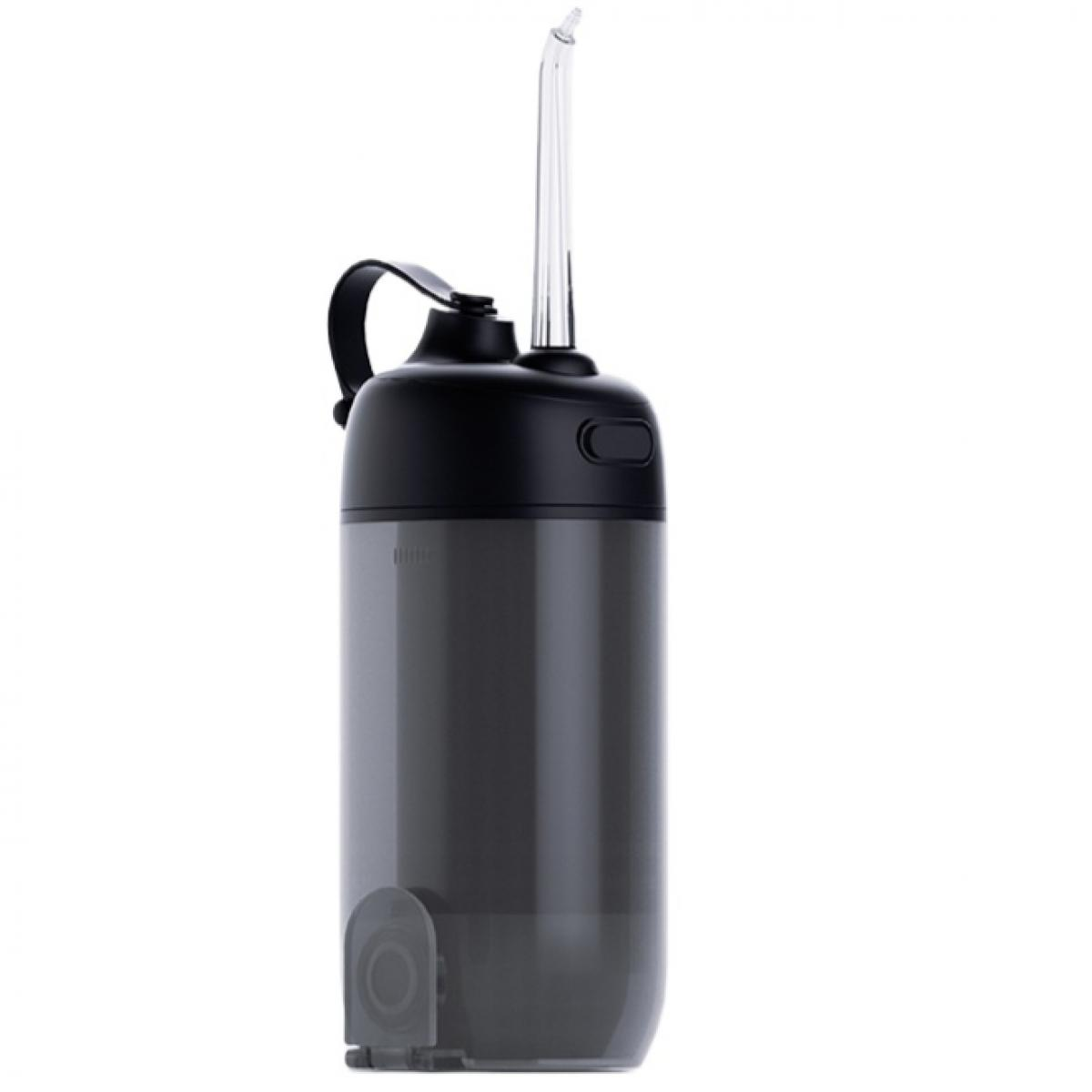 Ein dunkler, tragbarer Wasserdruckreiniger mit transparentem Schlauch und Griff.
