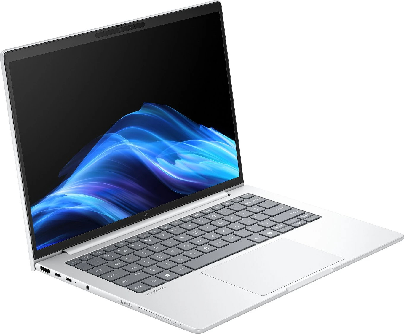 Srebrny laptop z niebiesko-fioletową tapetą abstrakcyjną na ekranie.