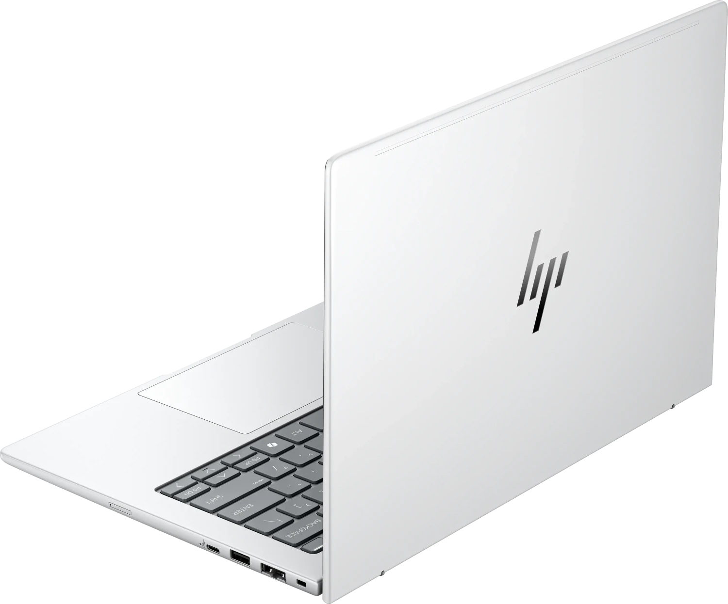 Biały laptop HP z klawiaturą i touchpadem, widok z bliska.