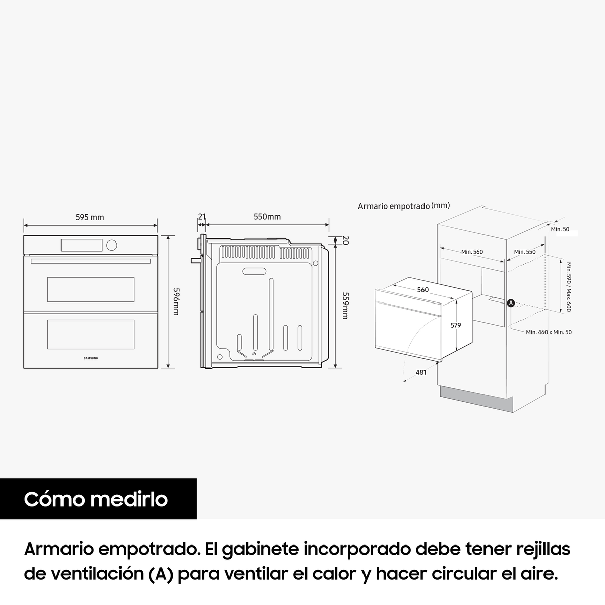 Rysunek techniczny podwójnego piekarnika z wymiarami i schematem instalacji.