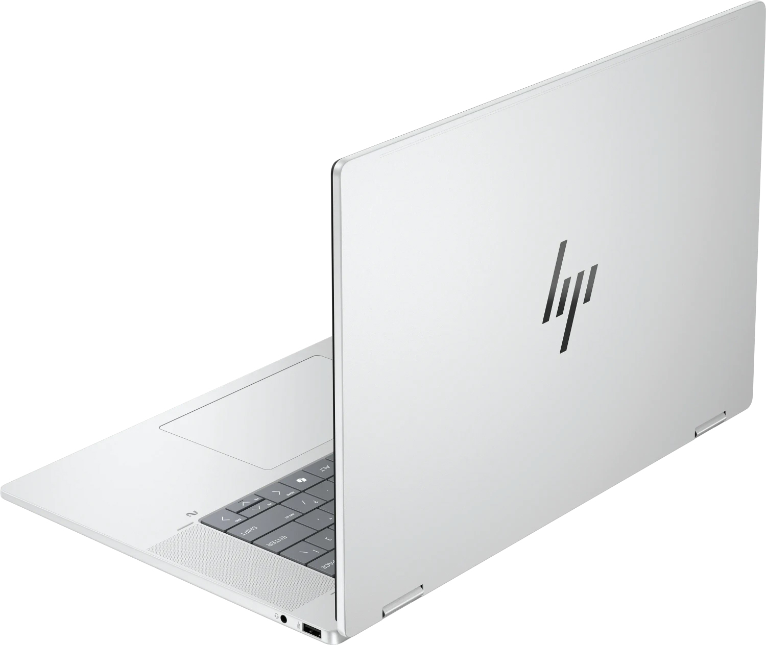 Ein offener silberner HP Laptop mit schwarzer Tastatur und Touchpad.