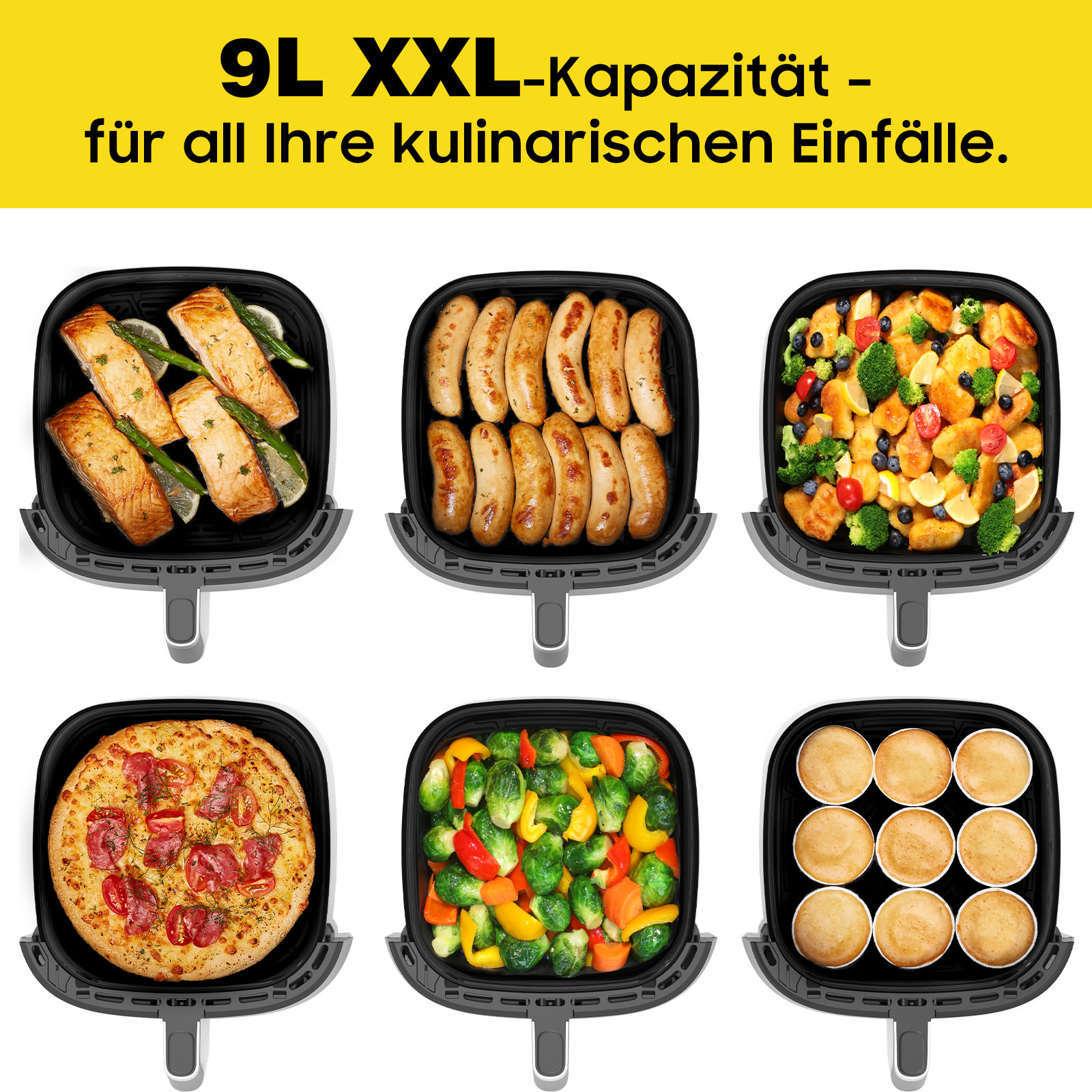 Sechs Luftfritteusen-Körbe mit verschiedenen Lebensmitteln: Lachs, Würstchen, Hähnchen, Pizza, Gemüse und Muffins.