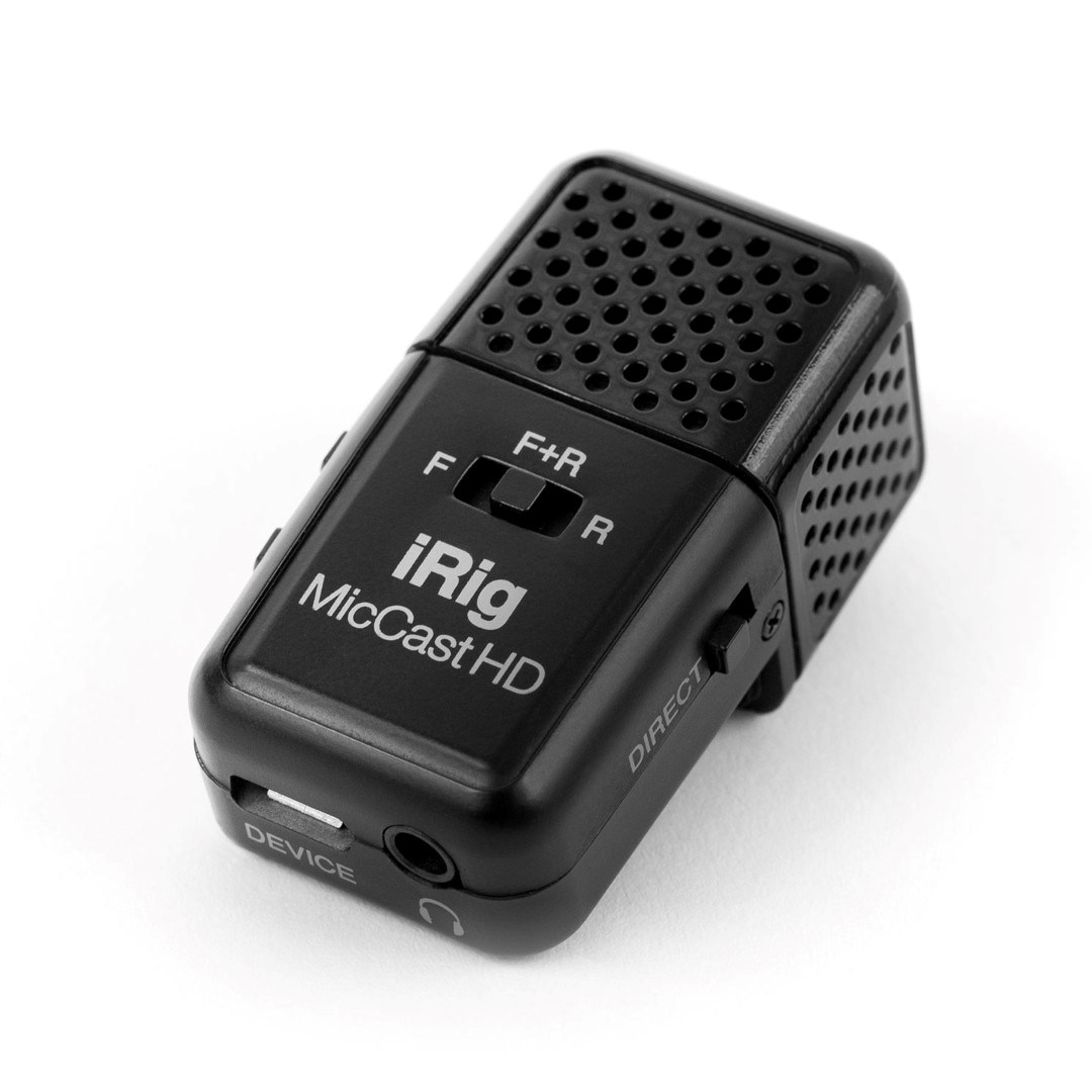 Ein schwarzes iRig MicCast HD mit Lautsprechermuster und Schaltern.
