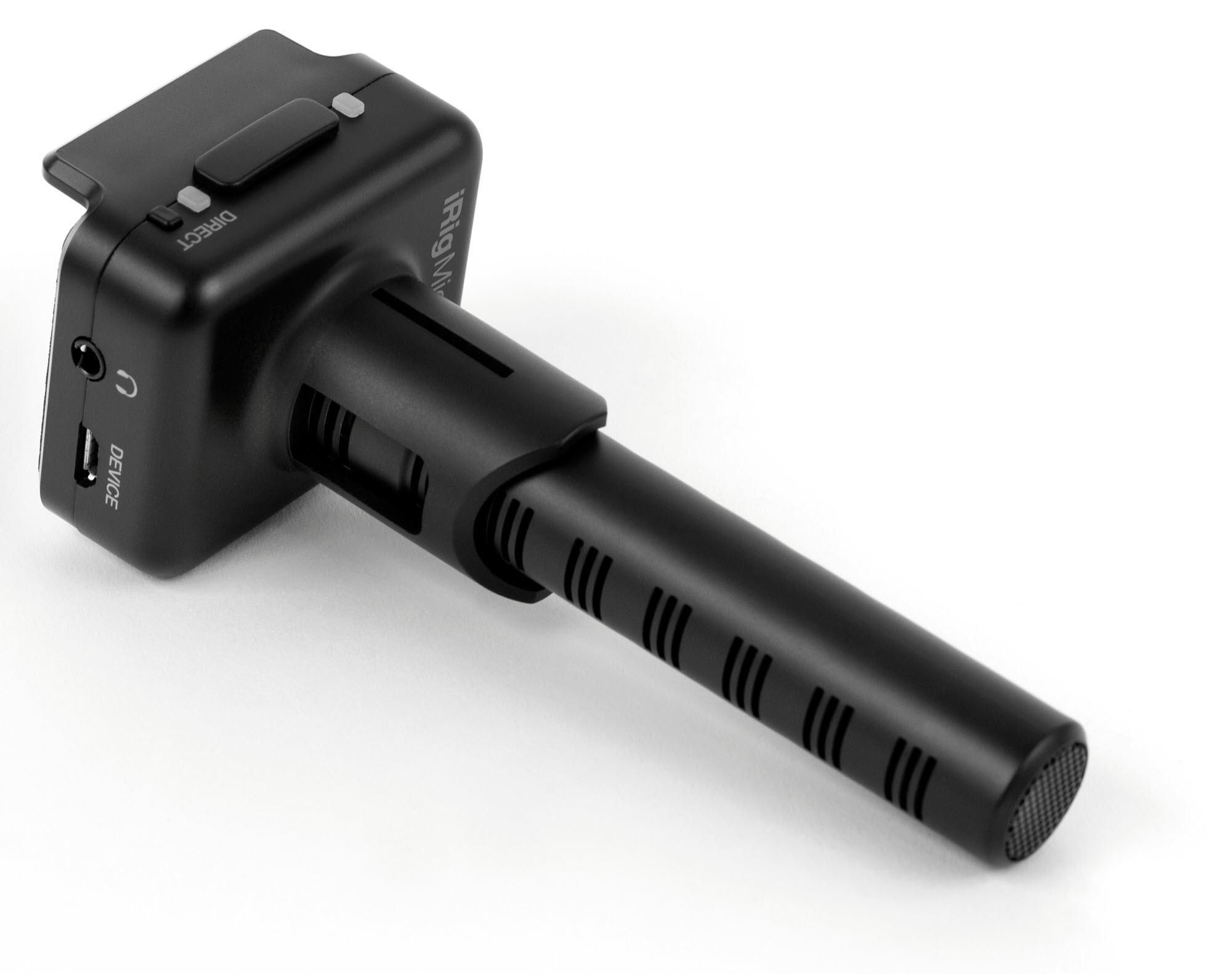 Microfono iRig nero con testa microfono, interruttori e porte.